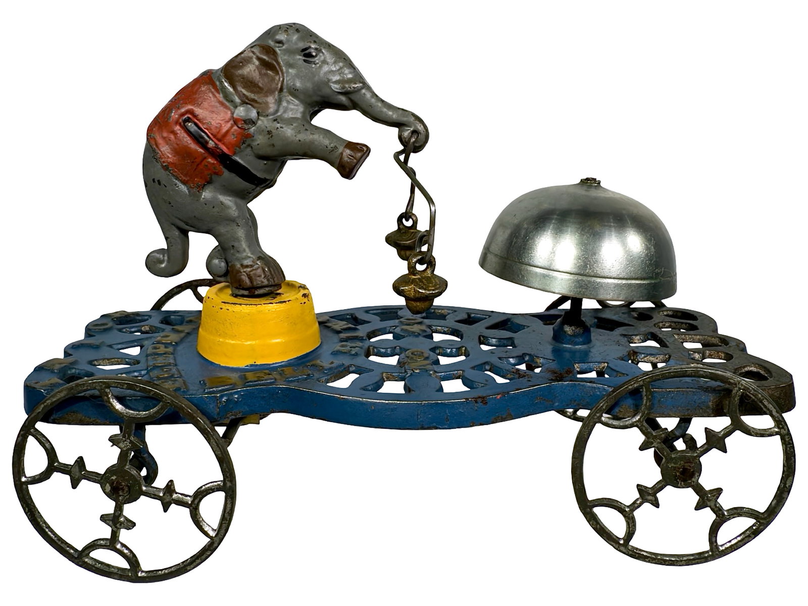 Trick Elephant Bell Ringer: Made by Gong Bell Mfg. Company. East Hampton - 1895 - 5 1/2" T x 8" L. When the toy is pushed, the circus elephant performs his trick perfectly; swinging right and left as the pole he holds in his tru
