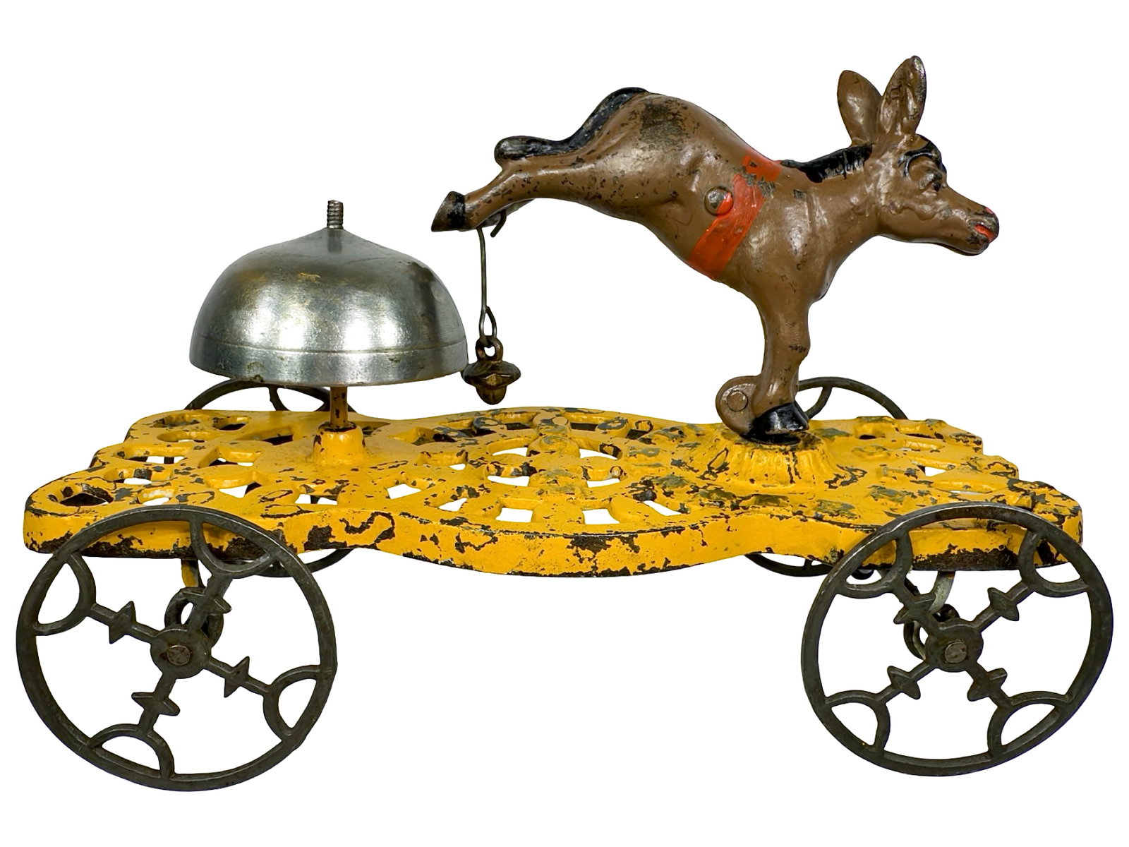 Mule Bell Ringer (No. 42): Made by Gong Bell Mfg. Company. East Hampton - 1895 - 5" T x 8" L. Collectors have long believed that this toy references Thomas Nast's "Mule" as the personification of the Democratic Party. Likewise,