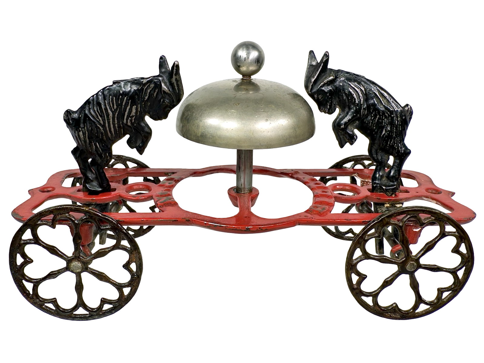 Rare Billy Goats Bell Toy: Made by Gong Bell Mfg. Company. East Hampton - 1900 - 4 1/4" T x 7" L. In the late 19th century, the image of head-butting goats was used as a symbolic, often humorous, reference to the initiation rit