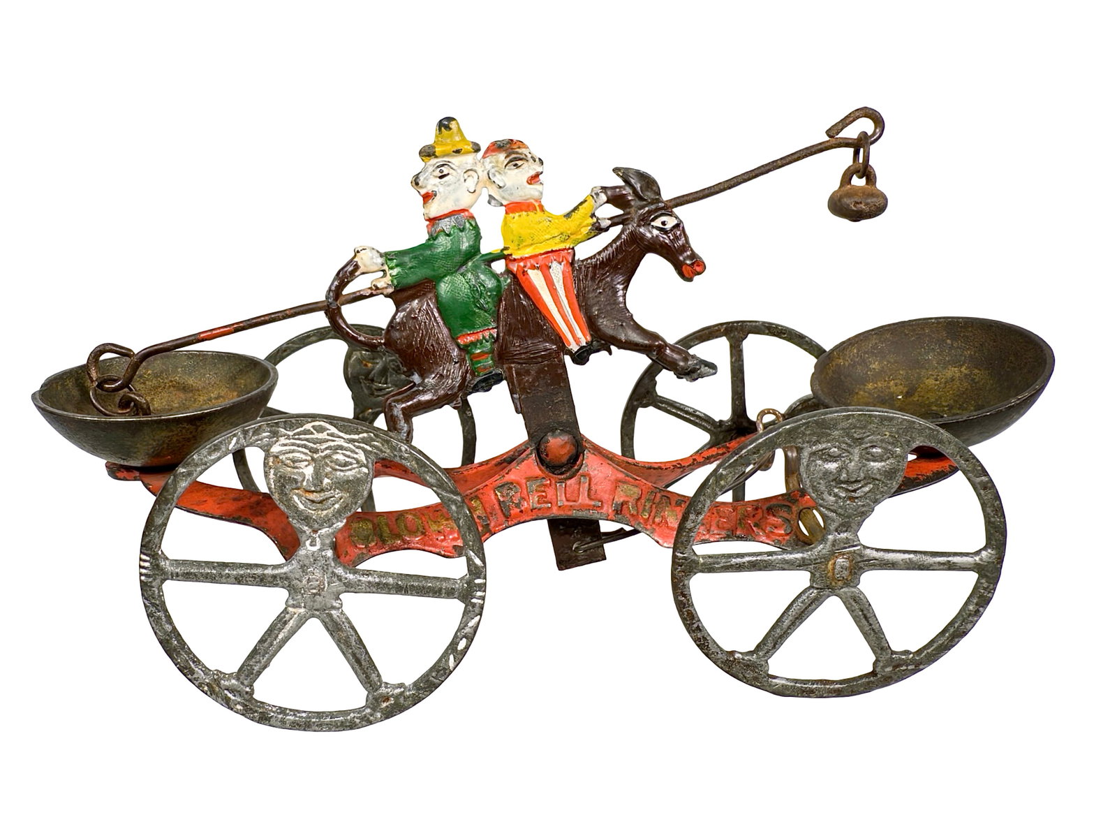 Rare Clown Bell Ringers Toy: Possible Collaboration between J. & E. Stevens and Gong Bell Co. Connecticut - 1890 - 4 3/4" T x 9 1/2" L. This is one of the most fascinating models from the bell ringer category of vintage toys. Pri