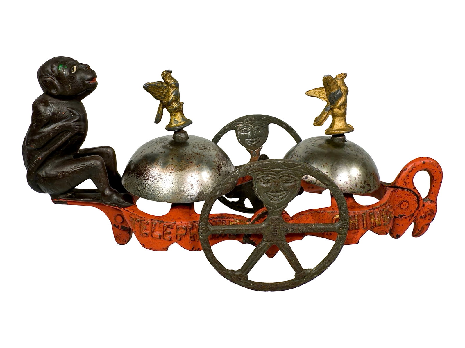 Telephone Chimes Bell Toy: Made by Gong Bell Mfg. Company. East Hampton - 1910 - 3 3/4" T x 9 1/2" L. "Hello - Hello" the monkey utters as he answers his phone call. The imagery is certainly esoteric; why would a monkey be rece