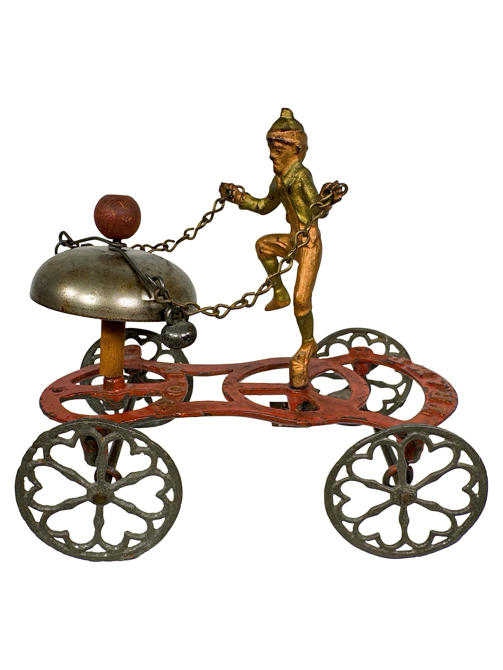 Single Tramp Bell Ringer Toy: Made by Gong Bell Mfg. Company. East Hampton - 1895 - 5 3/4" T x 6" L. Bob & Shirley Peirce Collection. Gong also produced a version of this toy depicting two impish tramps. This offering is very spec