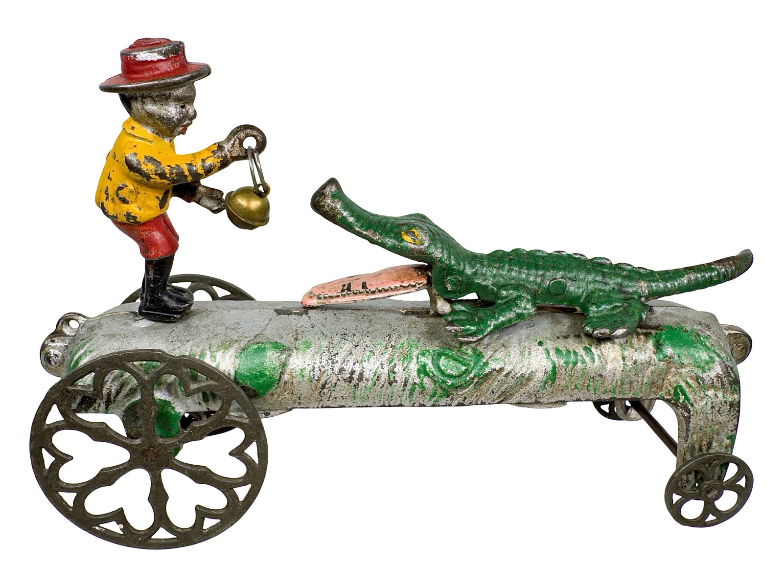 Gator Baiter Bell Ringer - Cast Iron Toy: Made by the N. N. Hill Brass Company. East Hampton - 1900 - 5 3/4" T x 8 1/2" L. Here's another bell ringer that portrays a child foolishly goading a dangerous alligator. As the toys is played with, t