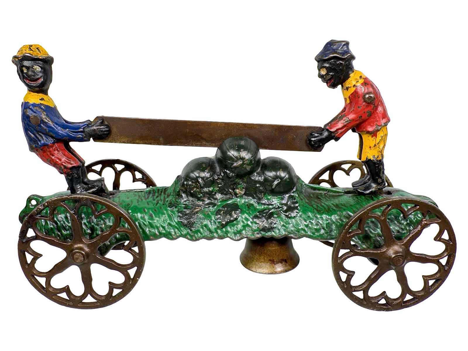 Sawing Through the Watermelons - Cast Iron Toy: Made by the N. N. Hill Brass Company. East Hampton - 1899 - 4 1/2" T x 8 1/2" L. The "watermelon" stereotype originated in the American South in the Post-Civil War period. The abolition of slavery had