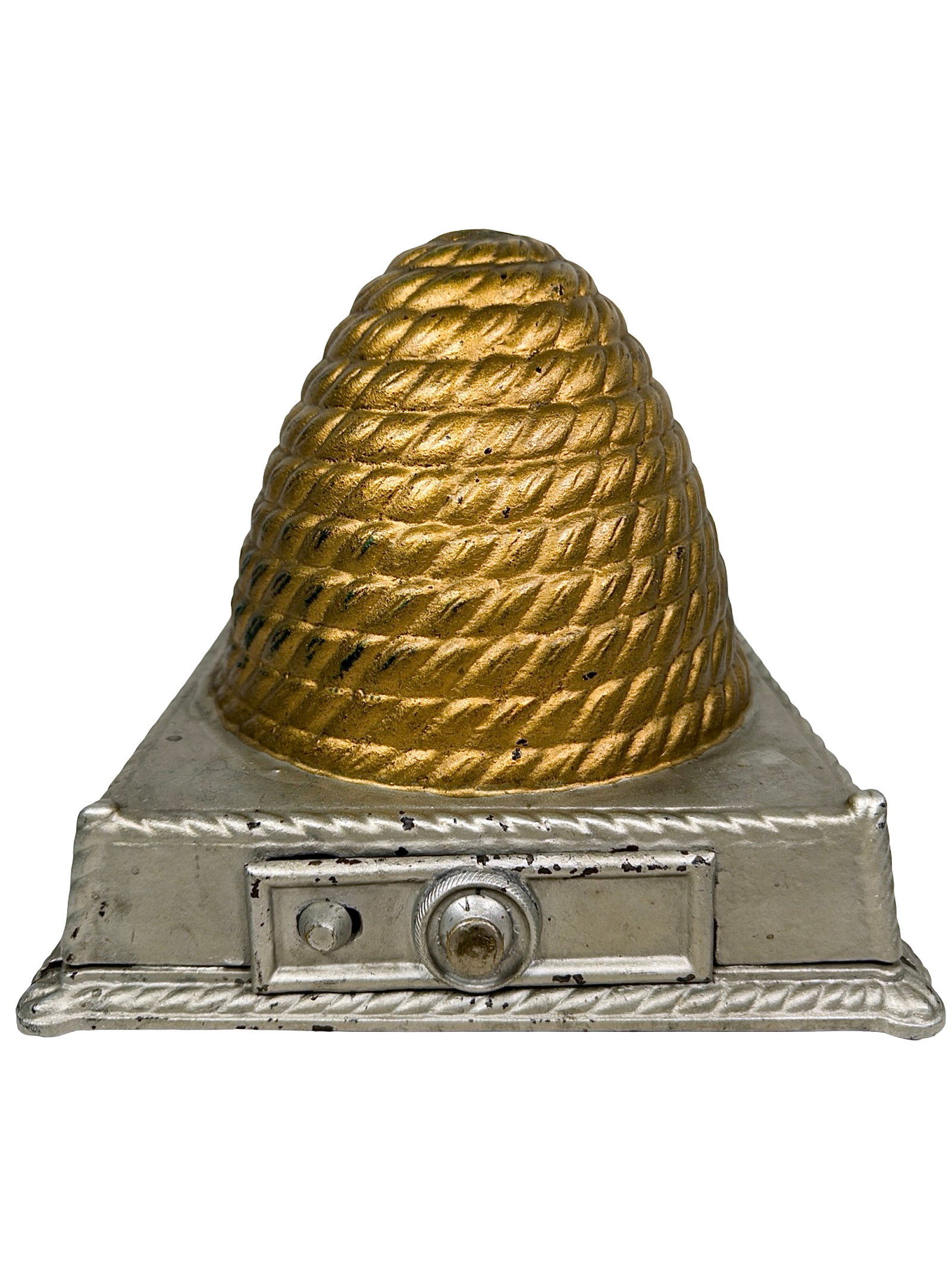 Beehive on Silver Pedestal Bank - Two Dial Safe - Rare: American - 1880's. 8" Tall x 10" Wide x 10" Deep. The Larry Egelhoff and Peirce Collections.