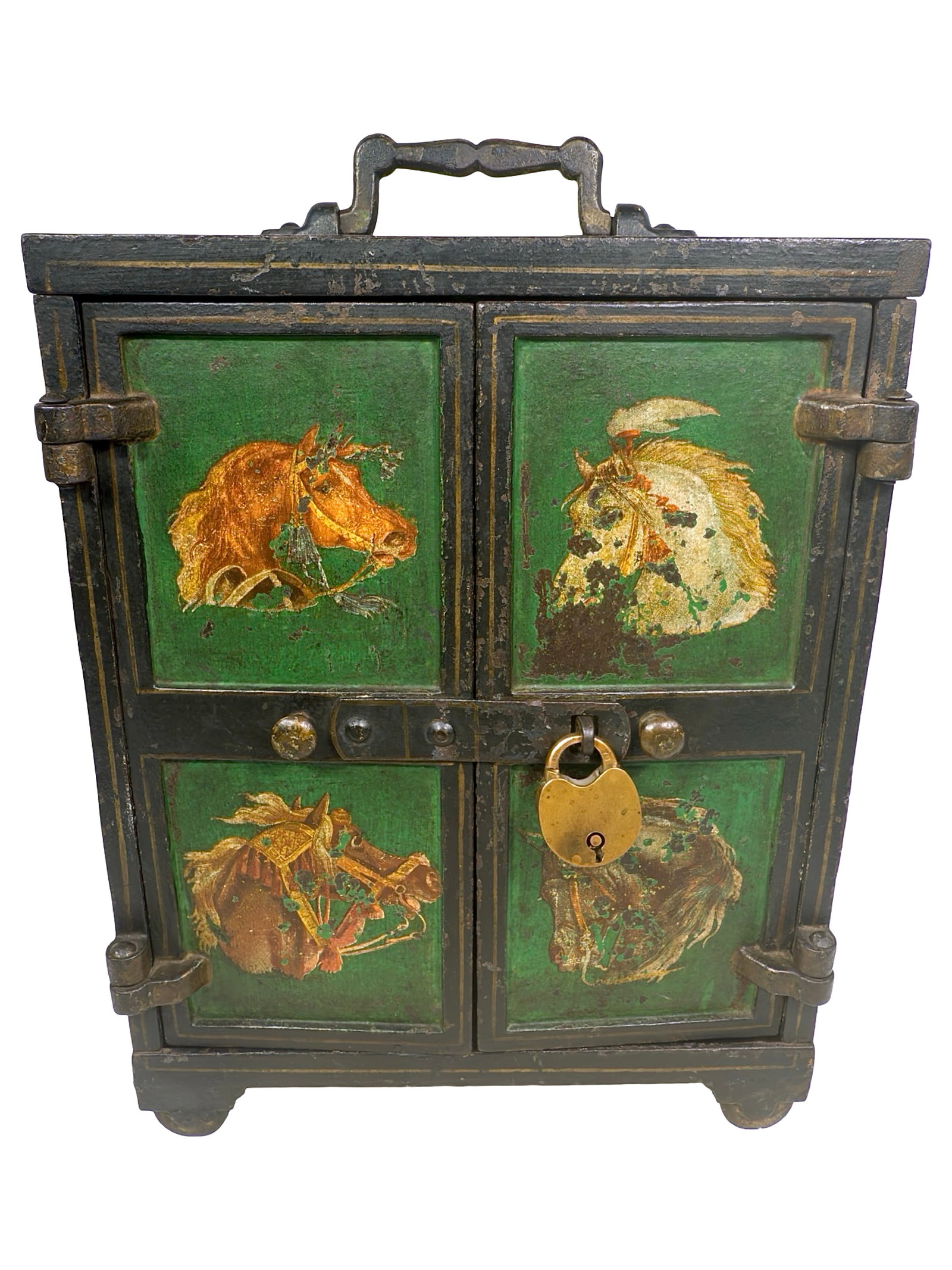 Miniature Cast Iron House Safe with Horse Head Decals: American - Circa 1880's. 11" Tall x 8 3/4" Wide x 6 1/2" Deep.