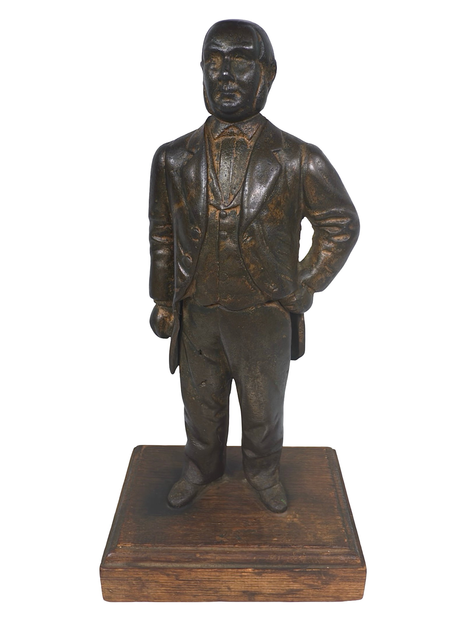Political Statesman on Wood Base: Statesman made of Cast Iron. Possibly William McKinley. American - 1895. 9 1/2" Tall x 4 3/4" Wide x 3 1/2" Deep.