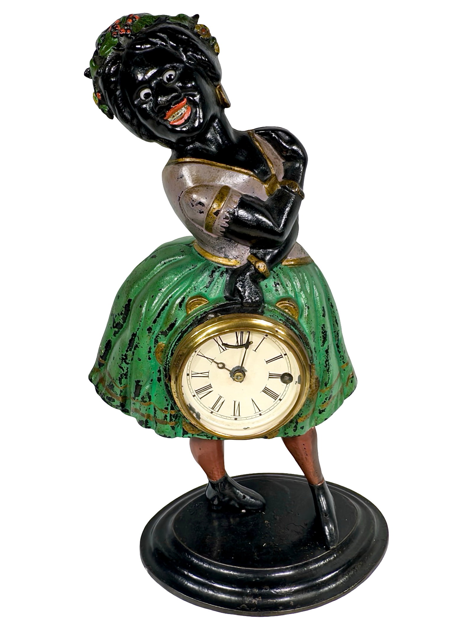 Topsy Ballerina Blinking Eye Clock: By Bradley & Hubbard Company. Connecticut - Circa 1880's. 16 1/2" Tall x 8 1/2" Wide x 6" Deep.