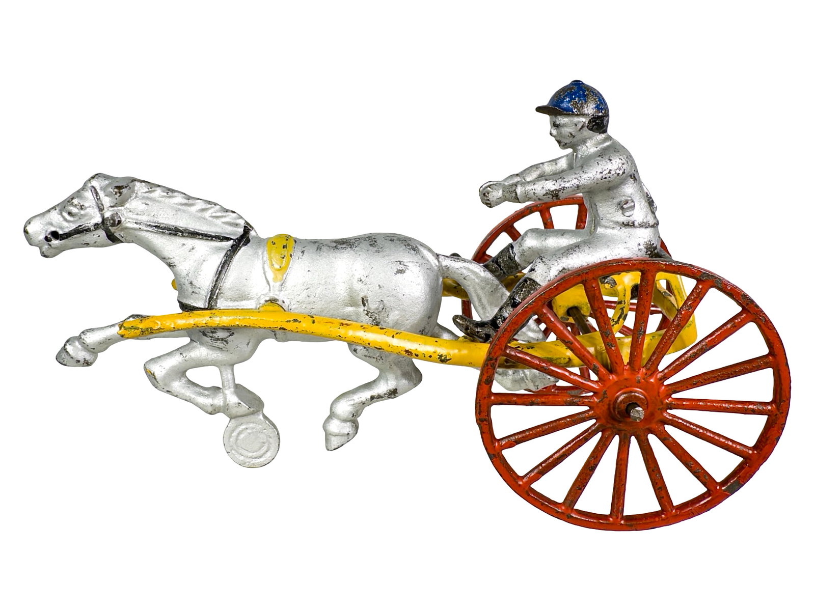 Impressive Racing Sulky - Cast Iron Toy: Made by Jones and Bixler. Pennsylvania - 1910 - 9" L. The John & Kira Olshefski Collection. With its yellow frame and cherry red wheels, this racing sulky cuts a very handsome profile. And the natural