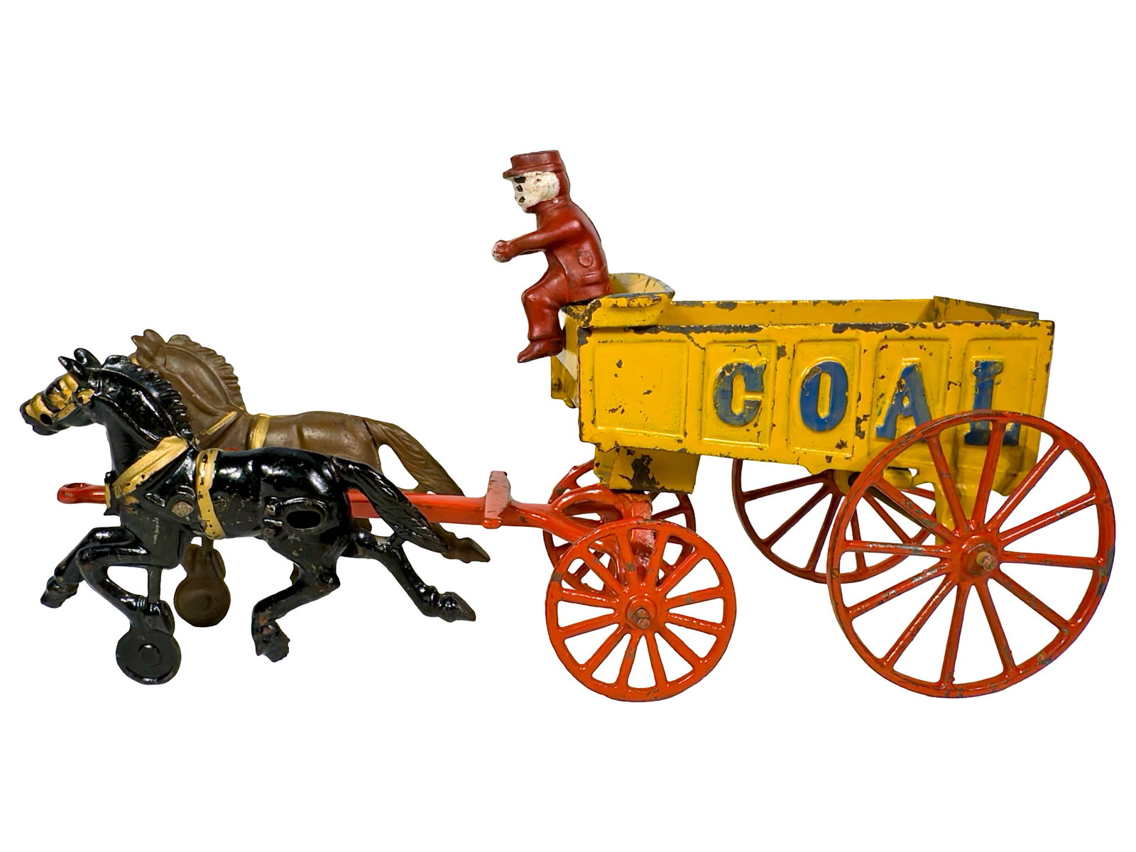 Two Horse Yellow Coal Wagon - Cast Iron Toy: By the Hubley Mfg. Company. Lancaster, Pa. - Early 1900's. 12 1/2" Long x 6 1/2" Tall. The John & Kira Olshefski Collection. At first glance, this toy may seem small and relatively inconsequential. An