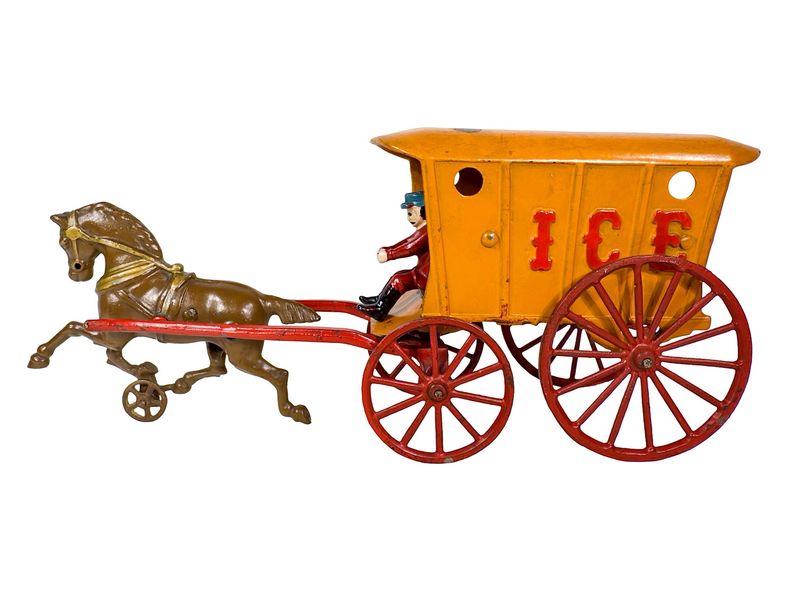 Orange Ice Wagon with Decal - Cast Iron Toy: By the Hubley Mfg. Company. Lancaster, Pa. - Early 1900's. 14 3/4" Long x 7 1/4" Tall. The John & Kira Olshefski Collection. This toy evinces a sense of nostalgia for the simpler times when horse draw
