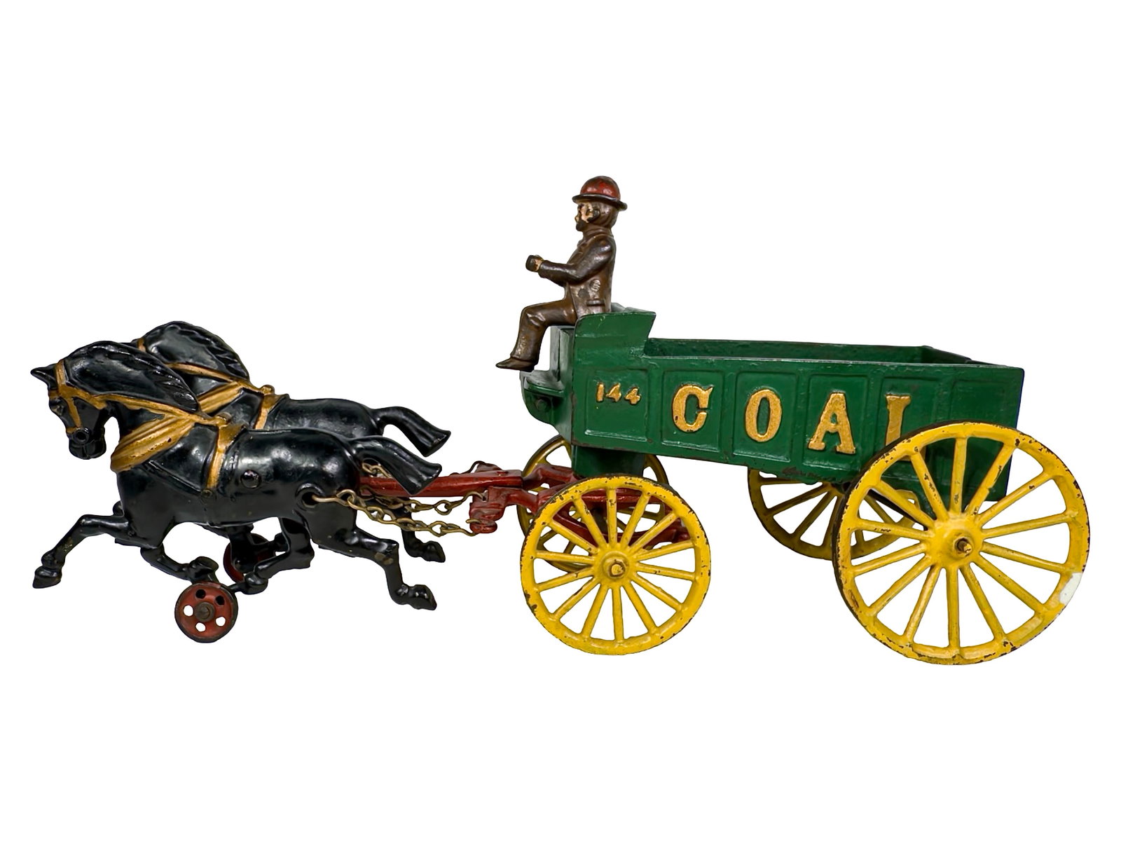 Rare #144 Green Coal Wagon - Cast Iron Toy: By the Kenton Hardware Company. Kenton, Ohio - Circa Early 1900's. 16 1/4" Long x 8 1/4" Tall. The John & Kira Olshefski Collection. Once again, here's another unusual toy that we have not encountered