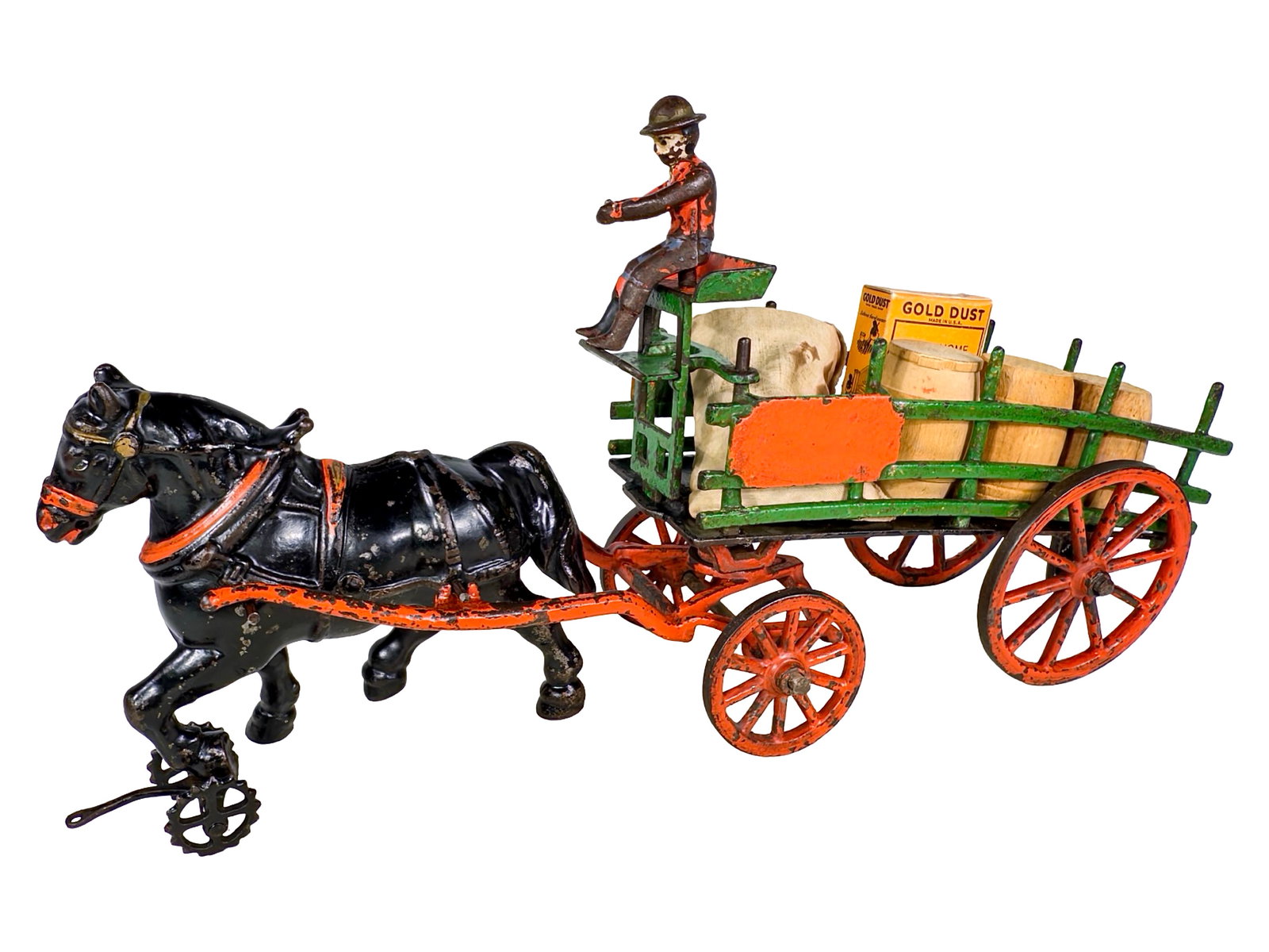 Scarce One Horse Dray Wagon - Cast Iron Toy: By the Welker & Crosby Company. Brooklyn, NY - Circa Mid 1880's. 15 1/4" Long x 7 1/2" Tall. The John & Kira Olshefski Collection. This is an absolutely magnificent looking toy in "tip-top" condition.