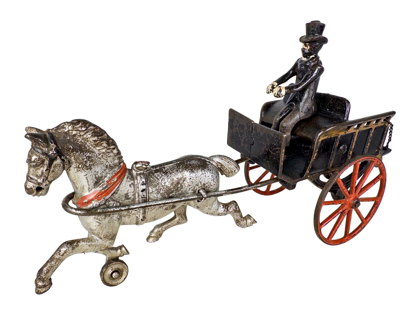 Rare English Road Cart - Cast Iron Toy: By the Harris Toy Company. Toledo, Ohio - Circa 1895. 11 1/4" Long x 6 3/4" Tall. The John & Kira Olshefski Collection. This is a most unusual toy carriage. We have never seen another one like it. The
