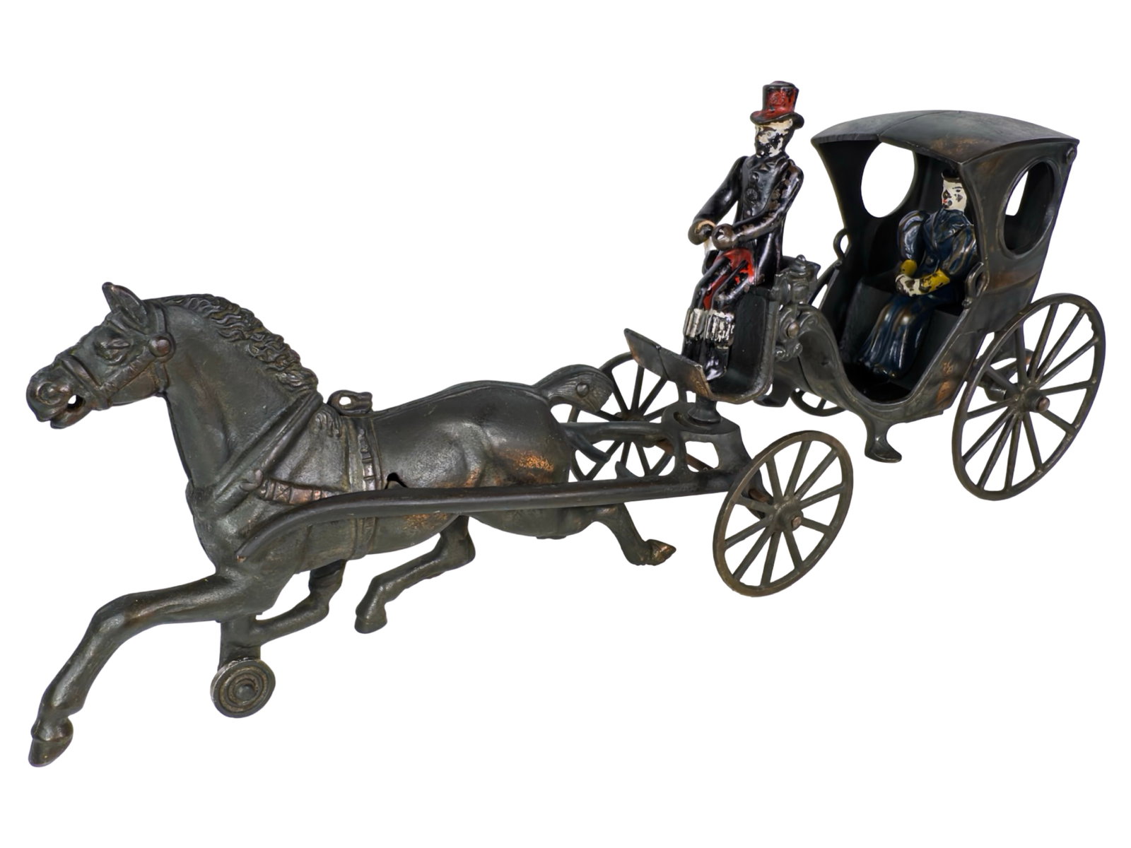 Bronze Electroplated Cabriolet - Cast Iron Toy: Made by Kenton Hardware Company. Kenton, Ohio - Circa Early 1900's. 16 1/4" Long x 7 1/4" Tall. The John & Kira Olshefski Collection. In the era known as the Gilded Age, a costly metallic finish might
