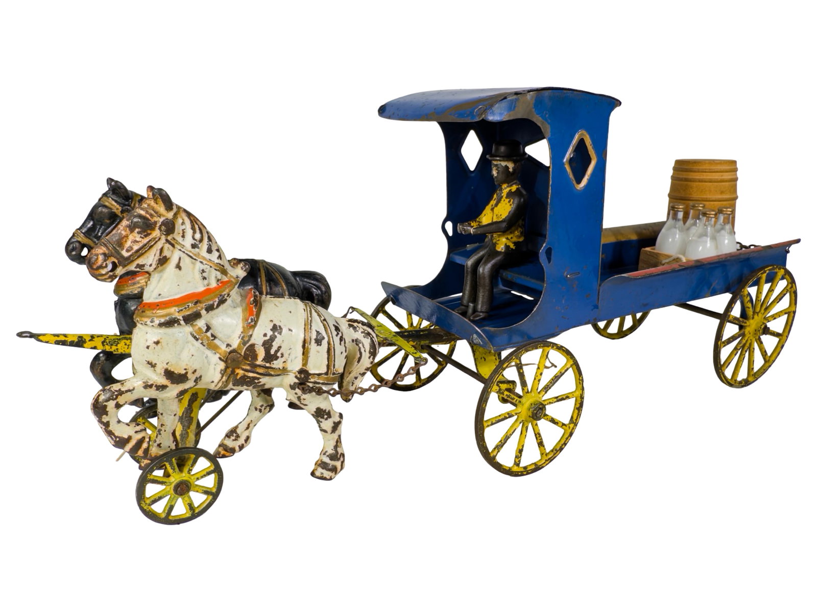 Rare Market Wagon - Cast Iron Toy: Wilkins called it City Delivery. By Wilkins Hardware Company. Keene, NH - Circa Early 1900's. 16 1/2" Long x 7 1/4" Tall. The John & Kira Olshefski Collection. The "market wagon" featured long, open f