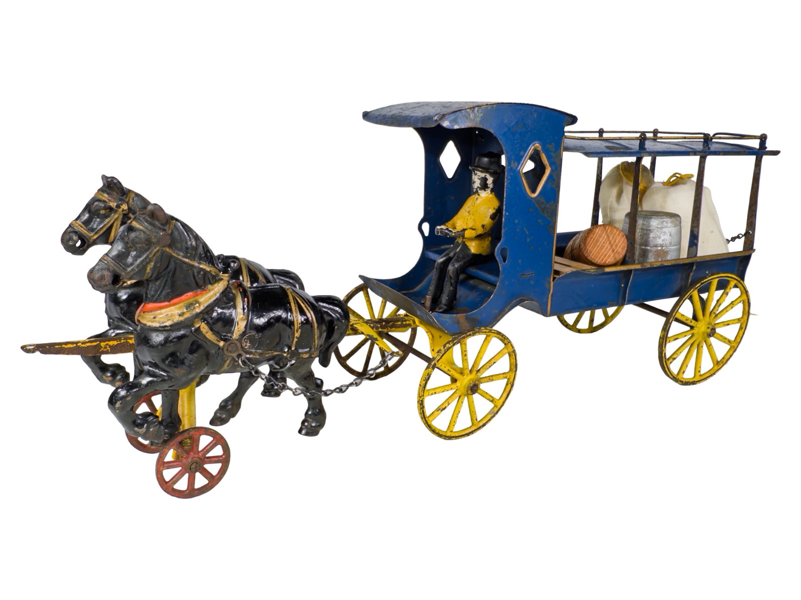 Scarce Huckster Wagon - Cast Iron Toy: Wilkins called it City Transfer. By Wilkins Hardware Company. Keene, NH - Circa Early 1900's. 16 1/2" Long x 7 1/4" Tall. The John & Kira Olshefski Collection. Huckster wagons functioned like horse-dr