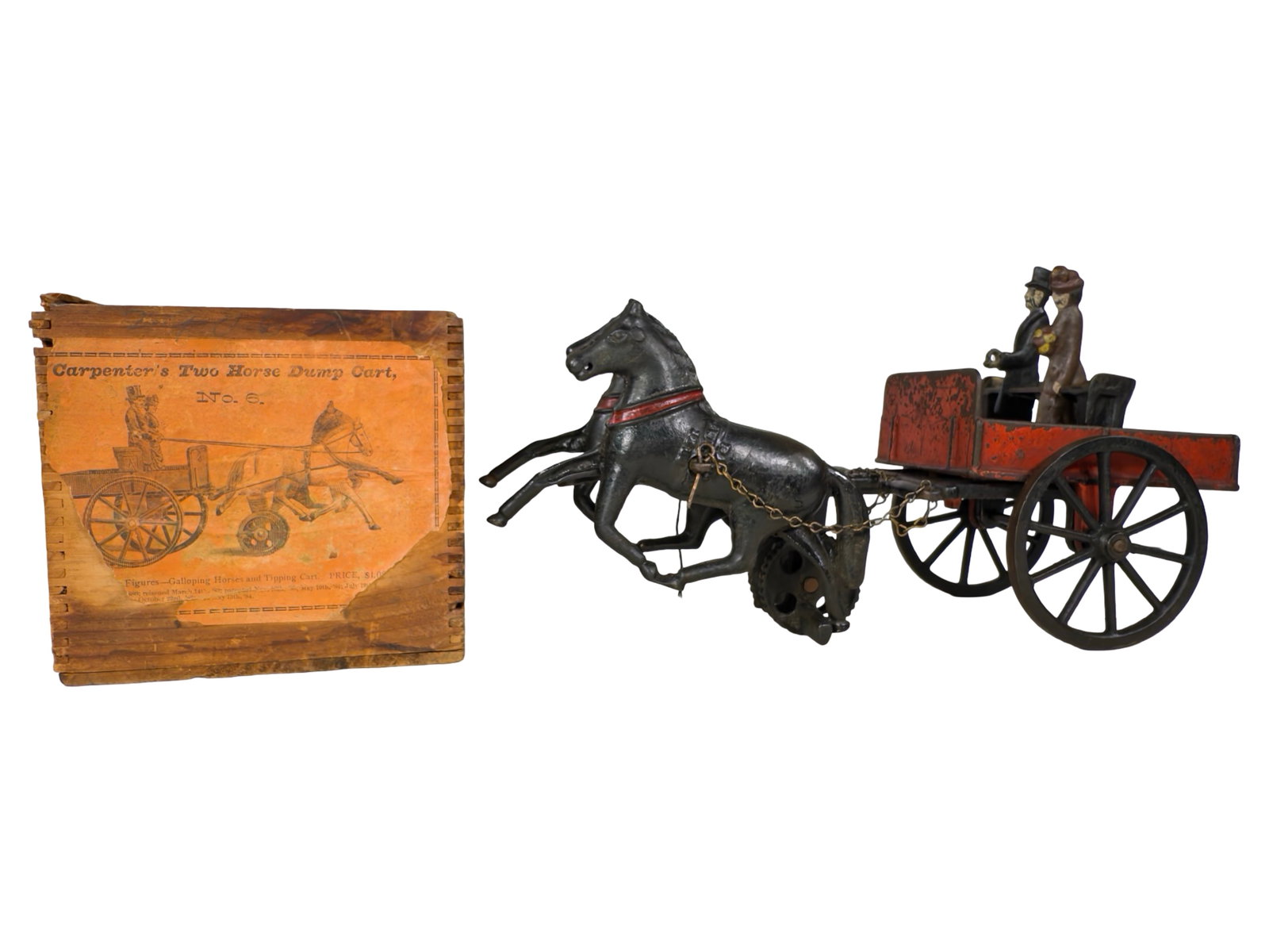 Two Horse Dump Cart No. 6 - Cast Iron Toy: Made by Carpenter Toy Company. Port Chester, NY - Mid 1880's. 12 1/4" Long x 6 1/4" Tall. The John & Kira Olshefski Collection. It seems very odd that Carpenter Toys would list this attractive horse c