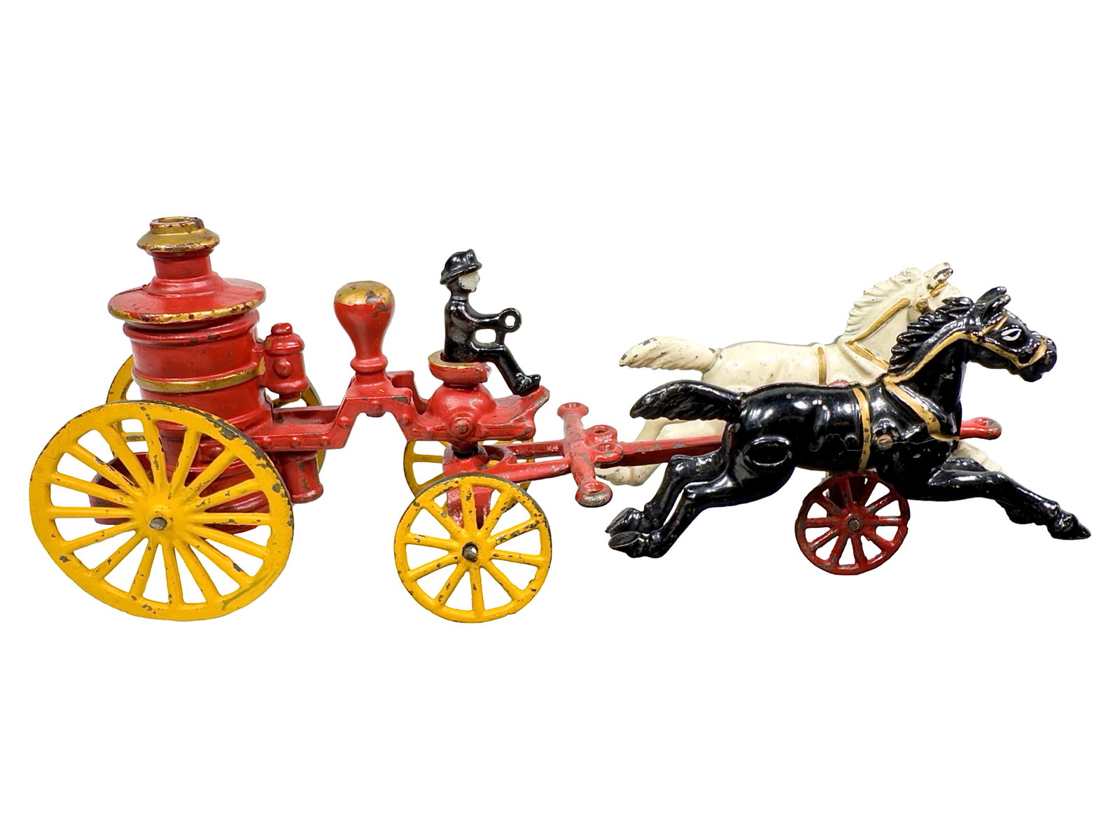 Small Two Horse Fire Pumper - Cast Iron Toy: By the Hubley Mfg. Company. Lancaster, Pa. - Circa 1910's. 13" Long x 5 1/8" Tall. The John & Kira Olshefski Collection.