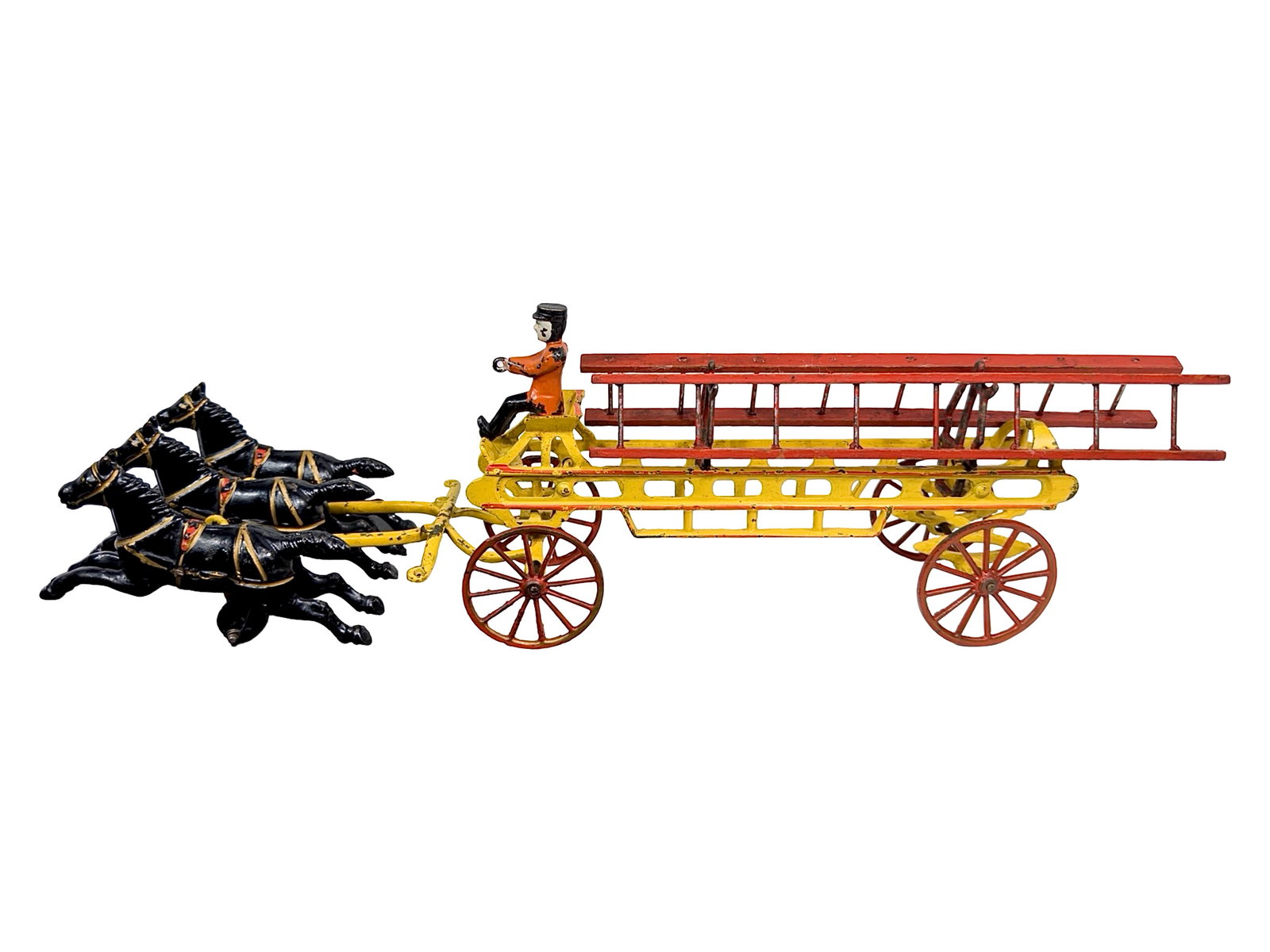 Small Yellow Hook & Ladder - Cast Iron Toy: By the Wilkins Hardware Company. Keene, NH - Circa Early 1900's. 17 1/4" Long x 6 1/8" Tall. The John & Kira Olshefski Collection. Here's a small hook & ladder apparatus that we have not seen before. 
