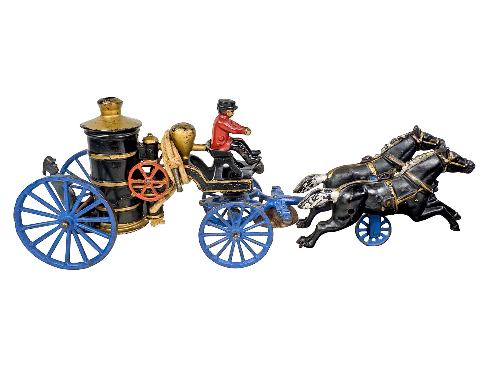 Black Fire Pumper Apparatus - Cast Iron Toy: The Kenton Hardware Company. Kenton, Ohio - Early 1900's. 17 1/4" Long x 7 1/4" Tall. The John & Kira Olshefski Collection. Everything about this fire toy is sheer perfection. Kenton's use of black ho