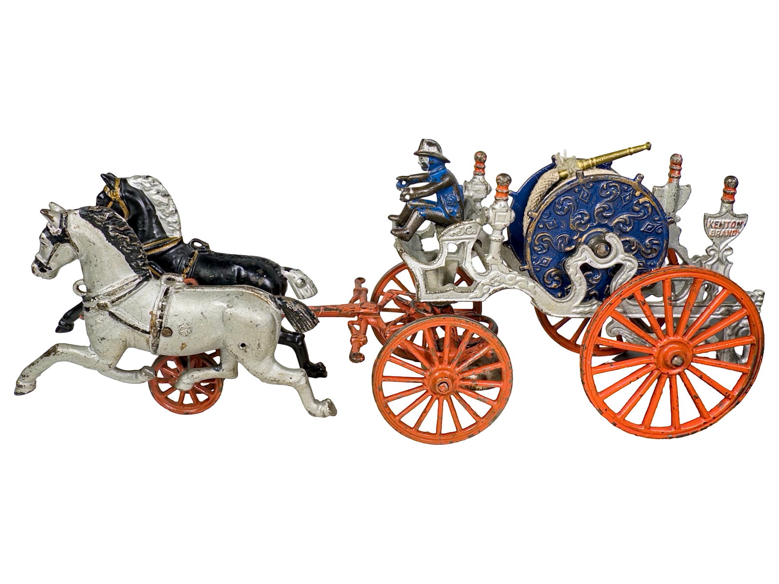 Two Horse Hose Reel - Cast Iron Toy: The Kenton Hardware Company. Kenton, Ohio - Early 1900's. 15 1/2" Long x 6 3/4" Tall. The John & Kira Olshefski Collection.
