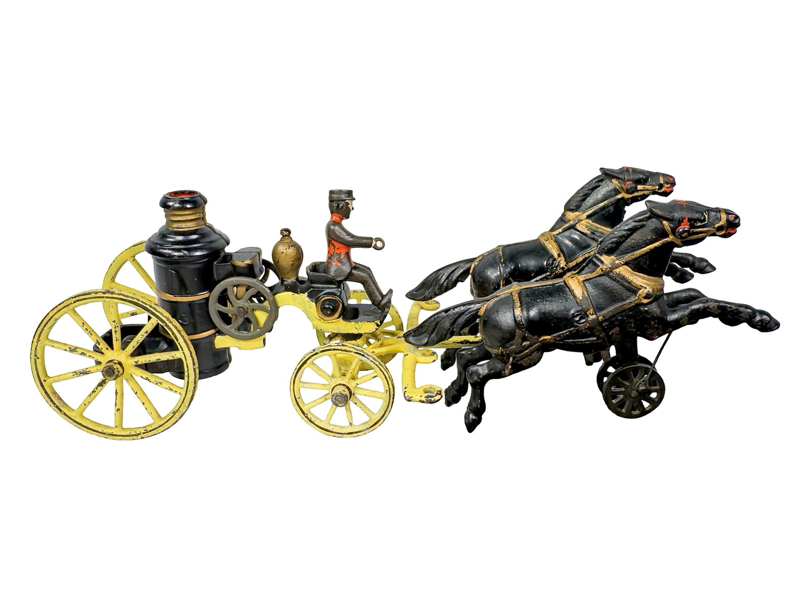 Two Horse Fire Pumper - Cast Iron Toy: By Wilkins Hardware Company. Keene, NH - Circa Late 1890's. 14 1/4" Long x 5 1/4" Tall. The John & Kira Olshefski Collection. Until the late 1890's, Wilkins had mostly created horse drawn toys that di