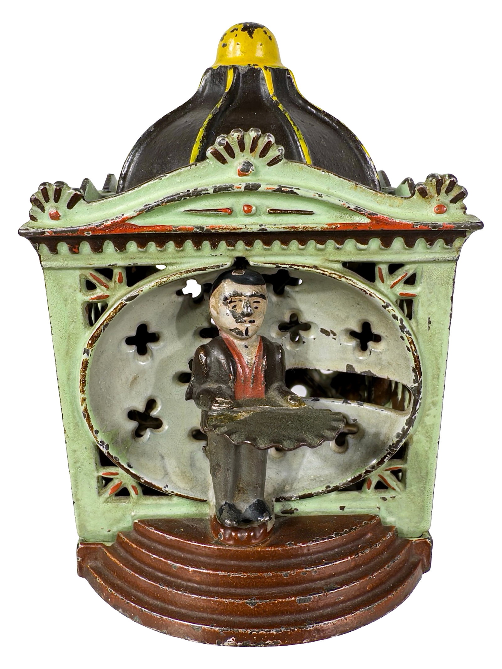 Hall's Lilliput Bank with Tray - Mechanical Bank: Pale Green, Brown, Blue & Yellow. By the J. & E. Stevens Company. Cromwell, Ct. - Circa Early 1880's.