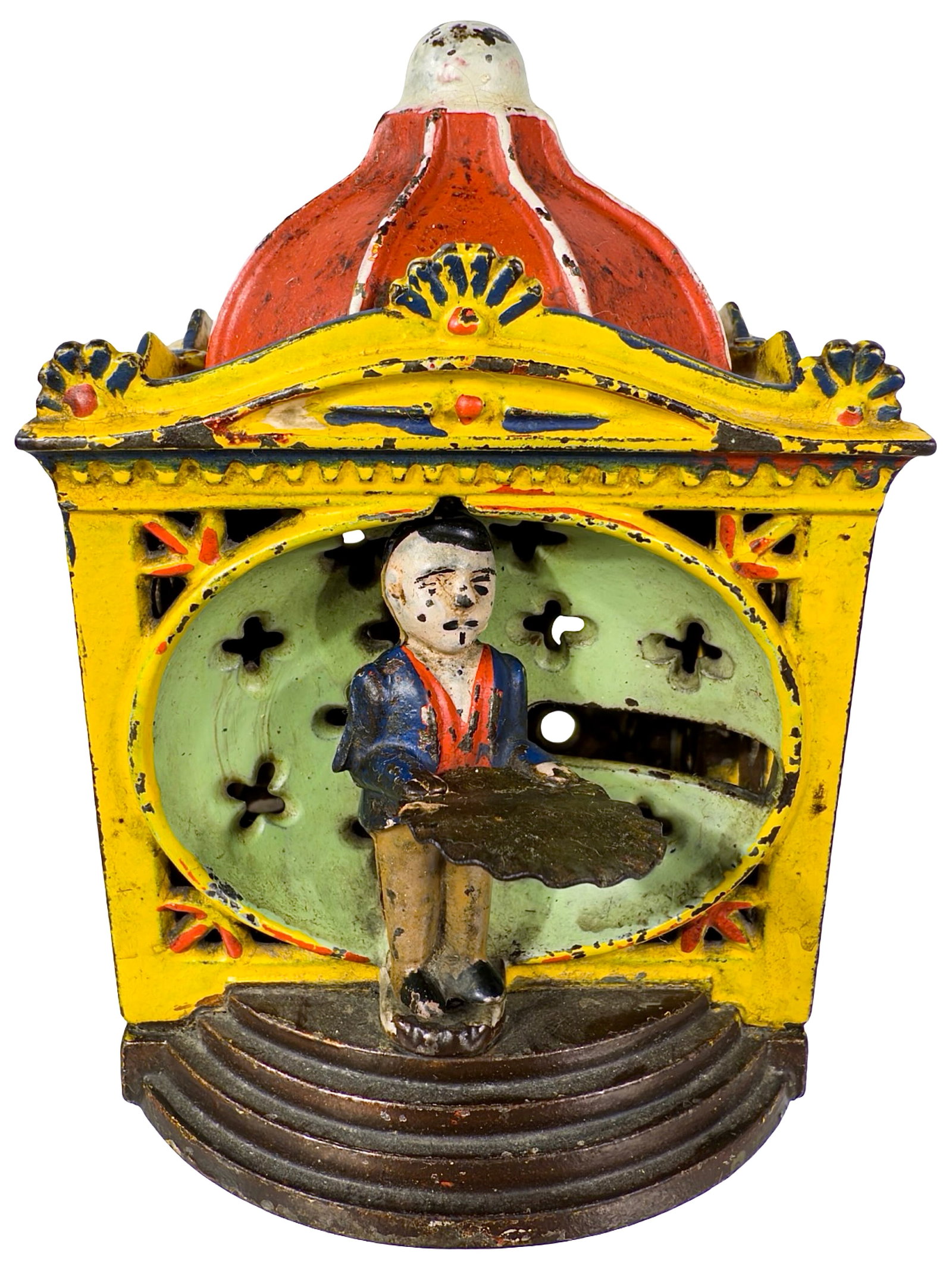 Hall's Lilliput Bank with Tray - Mechanical Bank: Yellow, Red, Green, Brown & White. By the J. & E. Stevens Company. Cromwell, Ct. - Circa Late 1870's. Bob and Shirley Peirce Collection.
