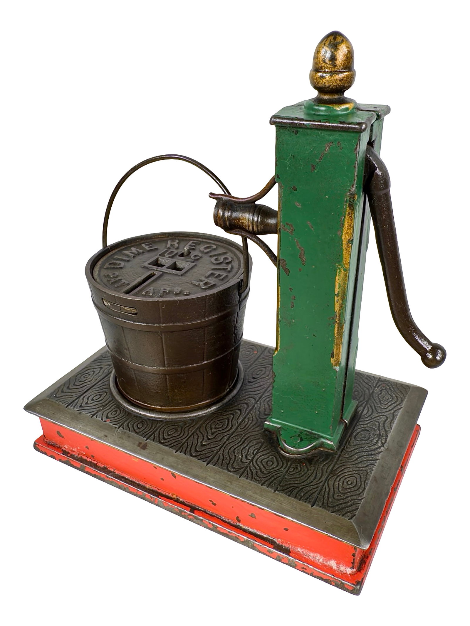 Scarce Pump and Bucket - Mechanical Bank: Dime Only Registering Bank. Unknown American Maker. Produced Circa 1890's. Bob and Shirley Peirce Collection.