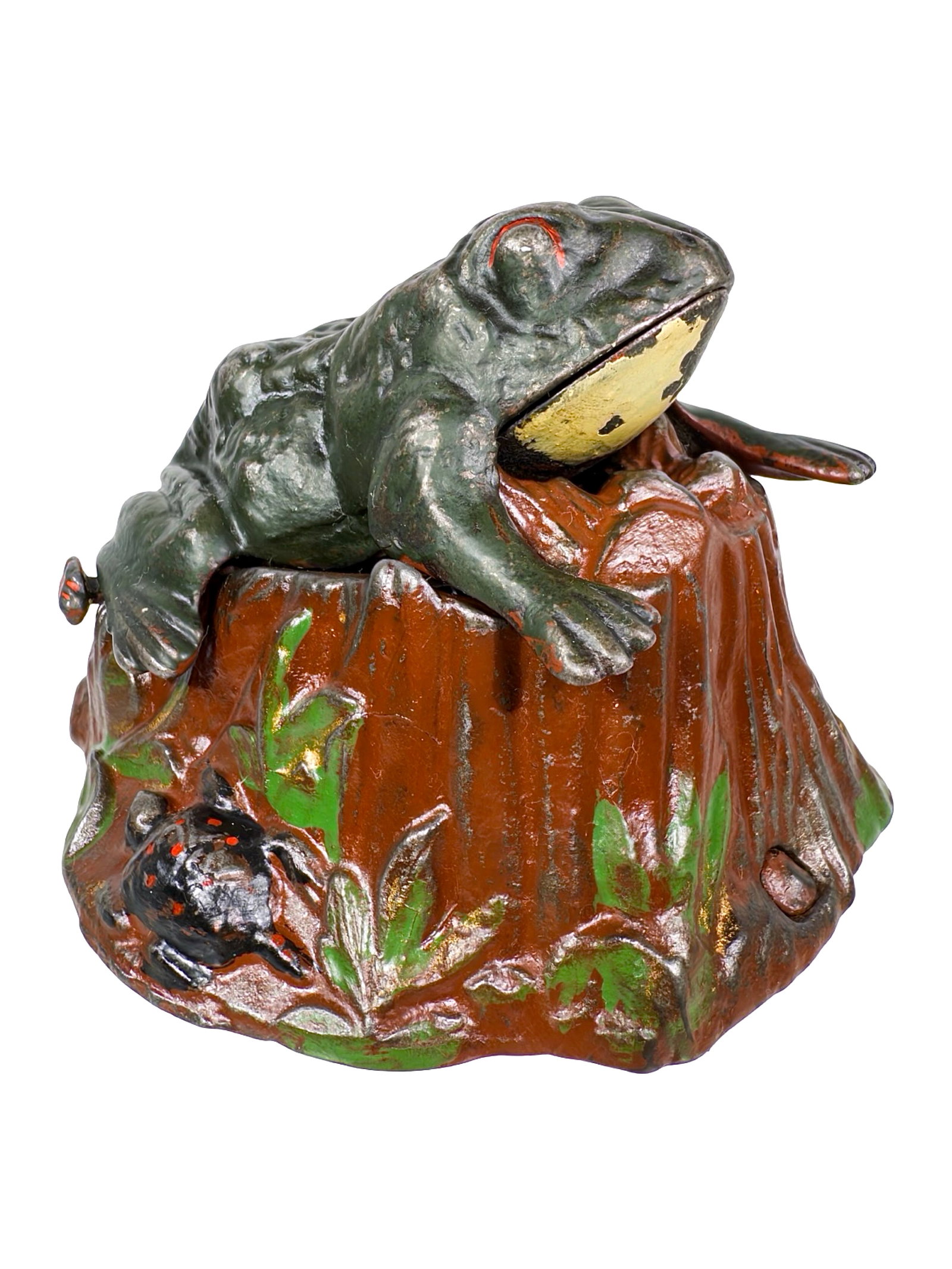 Toad on Stump - Mechanical Bank: Variant with Dark Green Toad. By the J. & E. Stevens Company. Cromwell, Ct. - Circa Late 1880's. Bob and Shirley Peirce Collection.
