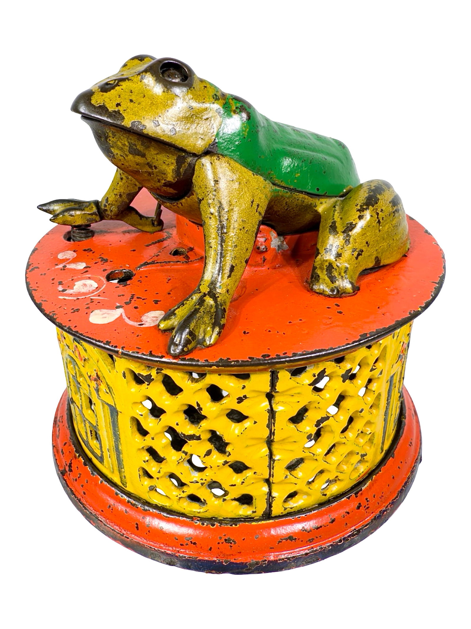 Frog on Lattice Base - Mechanical Bank: Vivid Red & Yellow Base Color. By the J. & E. Stevens Company. Cromwell, Ct. - Circa Late 1870's. Bob and Shirley Peirce Collection.