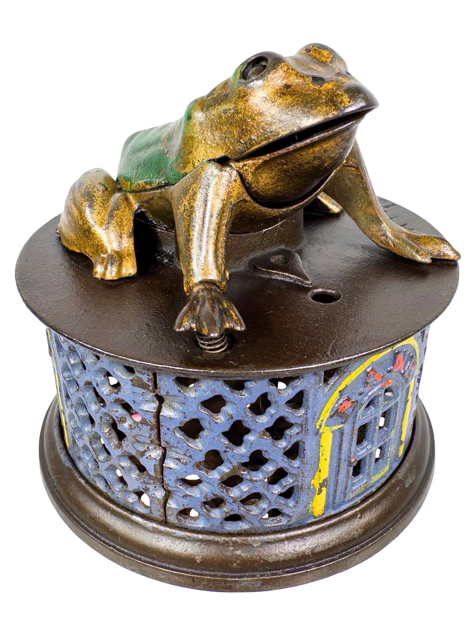 Frog on Lattice Base - Mechanical Bank: Rare Light Blue & Brown Base. By the J. & E. Stevens Company. Cromwell, Ct. - Circa Late 1880's.