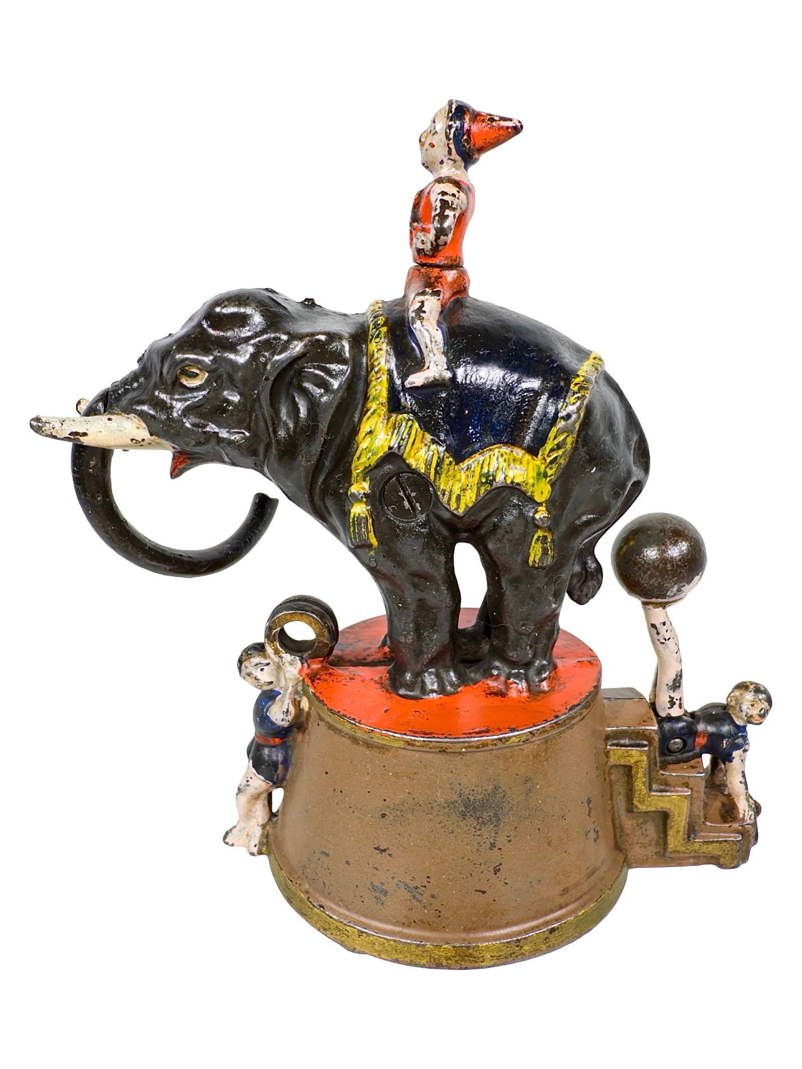 Elephant and Three Clowns - Mechanical Bank: By the J. & E. Stevens Company. Cromwell, Ct. - Circa Mid 1880's. Cromwell, Ct. - Early 1880's. Bob and Shirley Peirce Collection.
