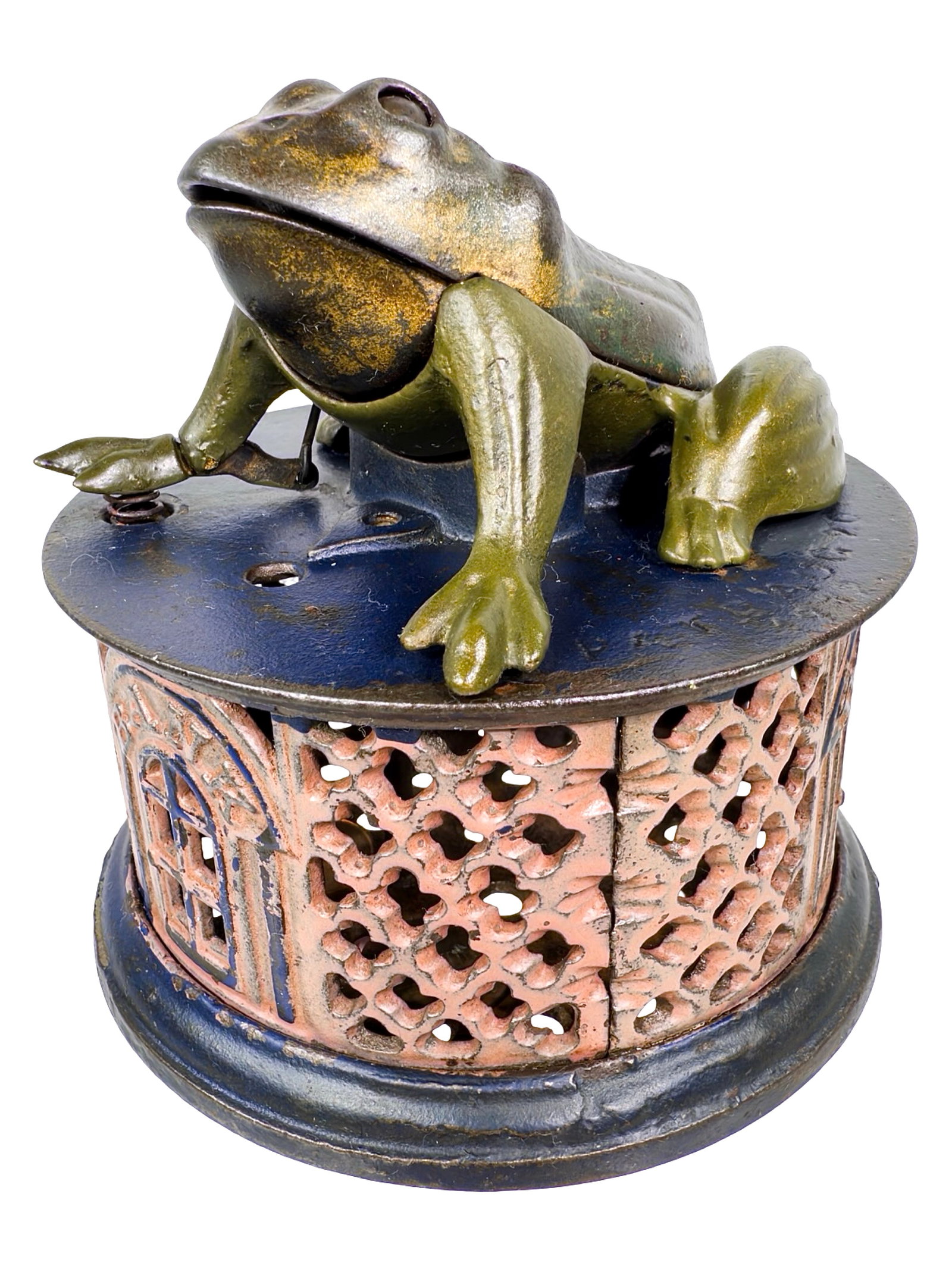 Frog On Lattice Base - Mechanical Bank: Rare Mauve and Brown Base. By the J. & E. Stevens Company. Cromwell, Ct. - Circa Late 1880's.