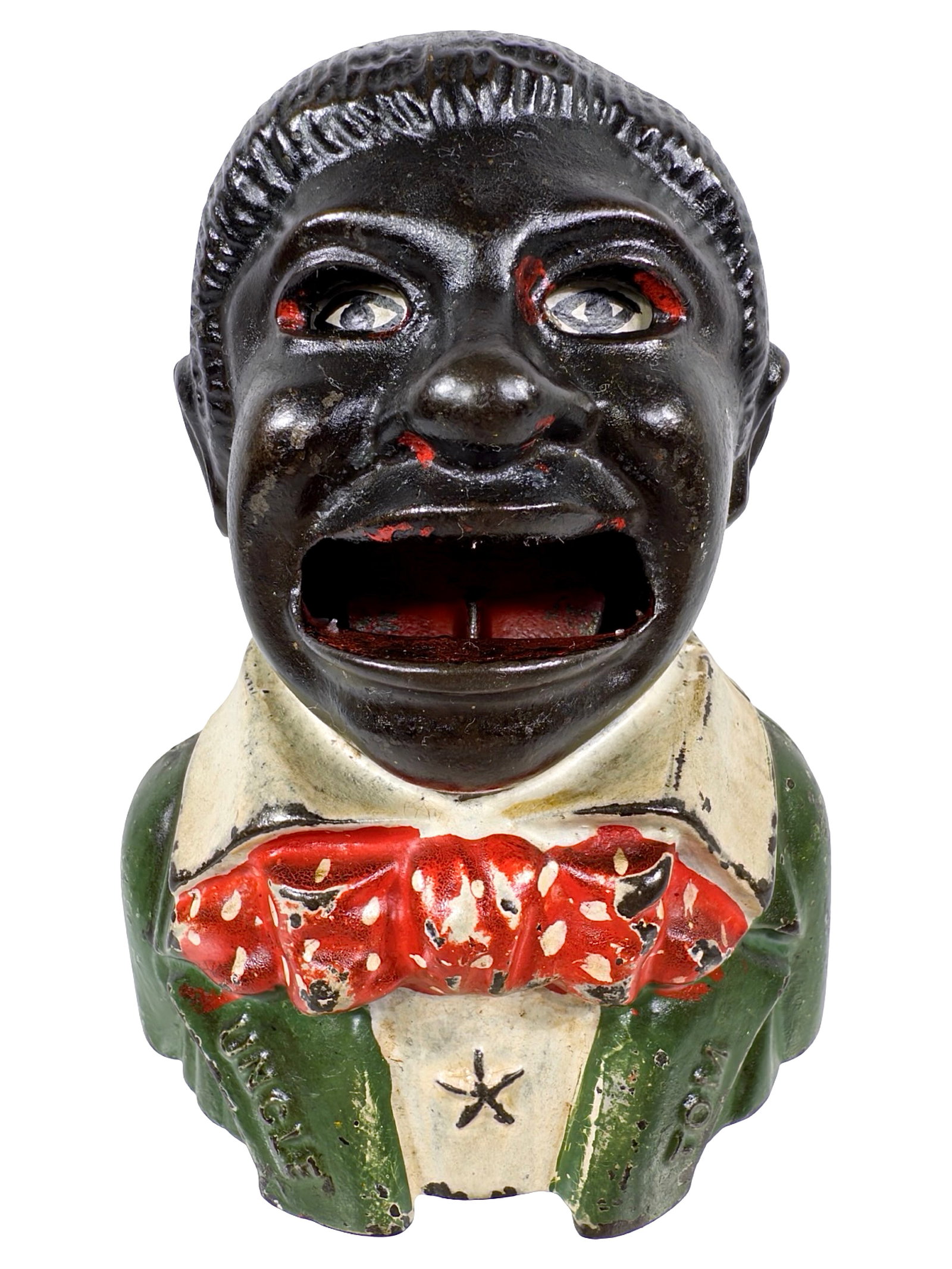 Uncle Tom - Star with Lapels - Mechanical Bank: Green Jacket with Red Bow Tie. Made by Kyser and Rex Company. Philadelphia, Pa - Ca. Mid 1880's. Bob and Shirley Peirce Collection.