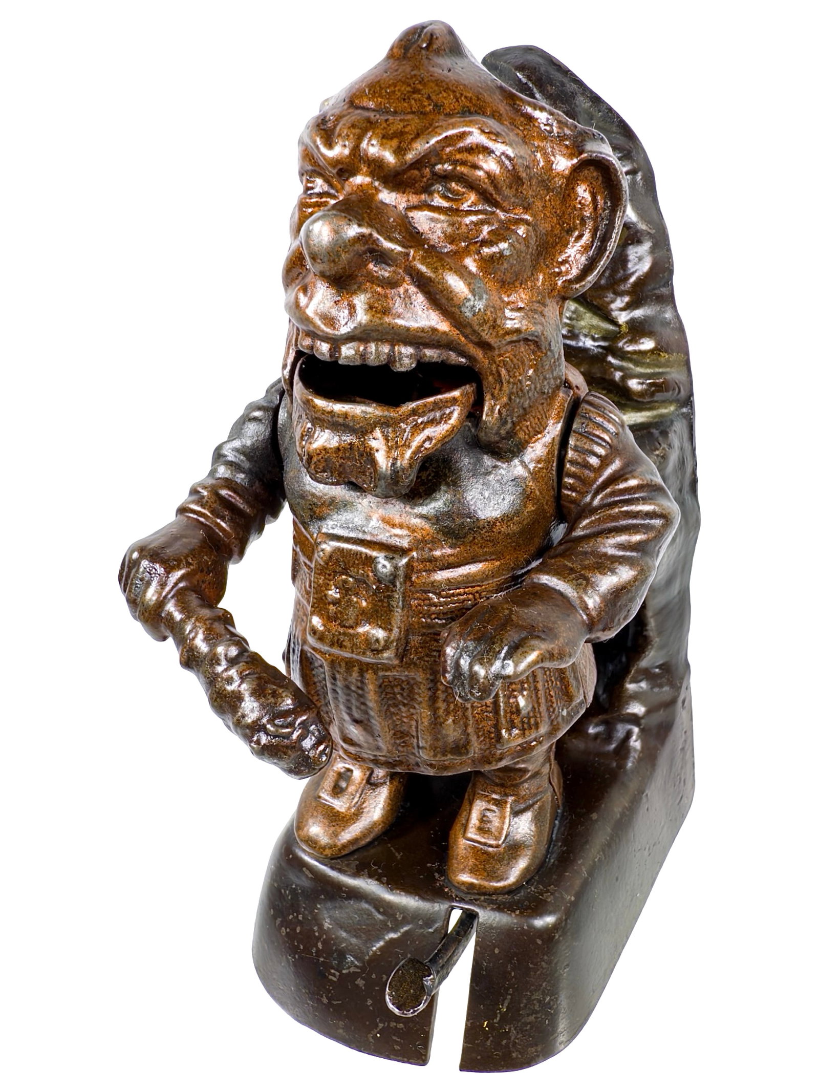 Rare Standing Giant - Mechanical Bank: Made by the H. L. Judd Mfg. Co. Wallingford, Ct. - Ca. Mid 1880's. An ogre stands on a flat rocky ledge in a steep mountain pass. He brandishes a gnarled knotty club and he seems bellicose in temperam