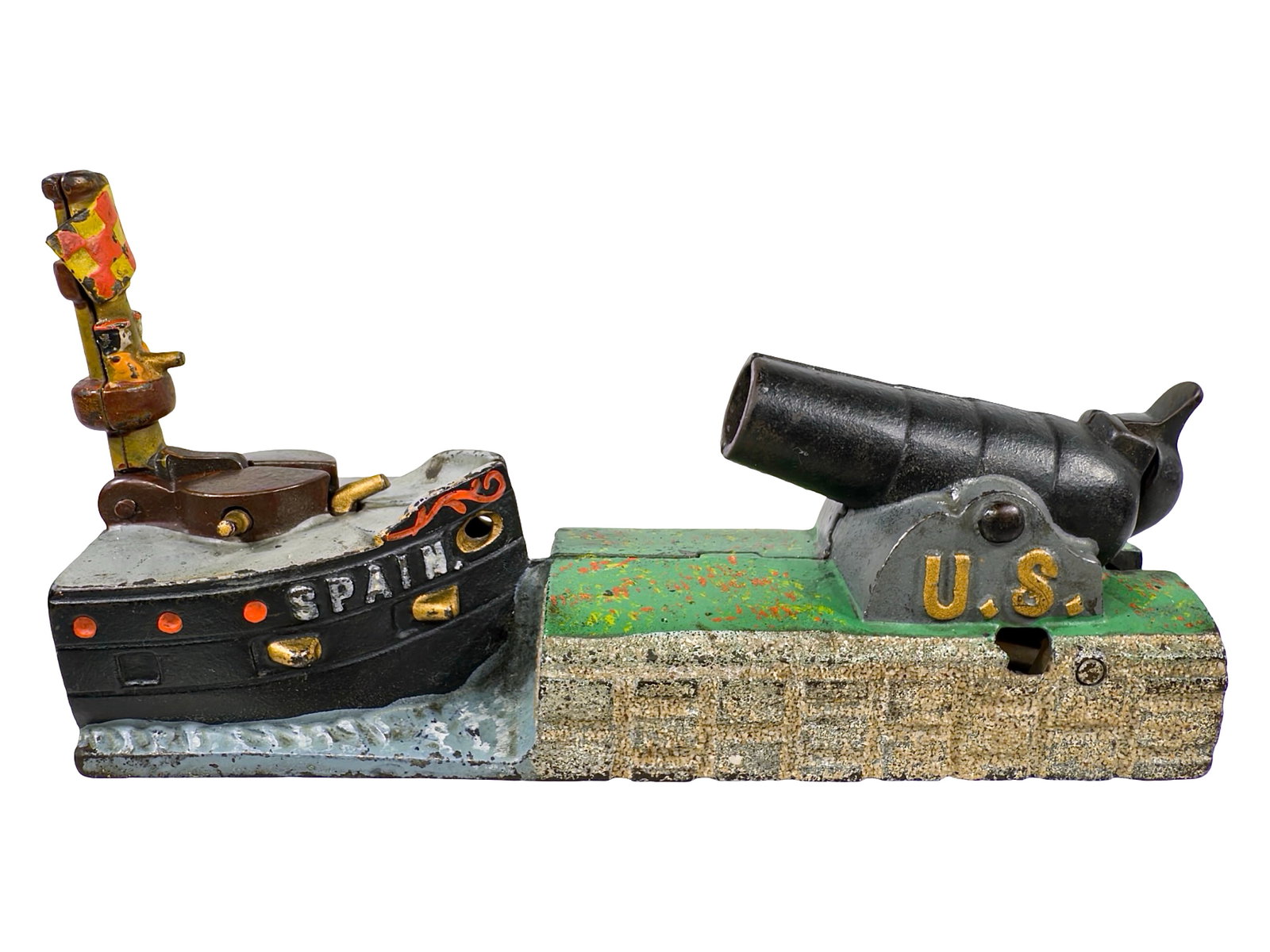 U. S. and Spain - Mechanical Bank: Designed by Charles Bailey. By the J. & E. Stevens Company. Cromwell, Ct. - Pat.'d July 12, 1898. After the battleship USS Maine sank under mysterious circumstances in Havana Harbor, political pressur