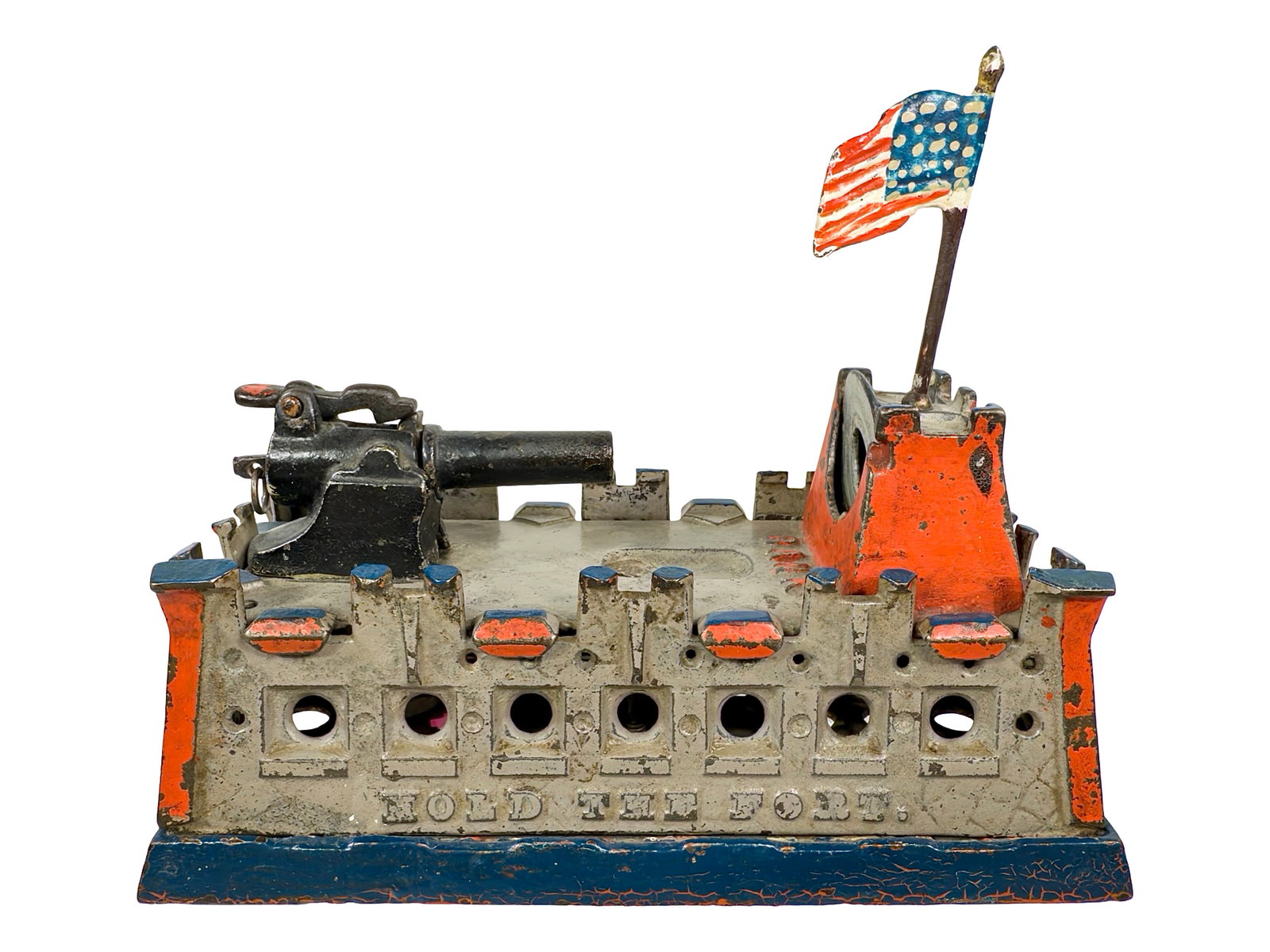 Rare "Hold the Fort" - Mechanical Bank: Version with 7 Cannon Portholes. Designed by Charles Clark - Brooklyn. Unknown American Maker - Ca. 1877. The phrase "hold the fort" refers to a military command urging soldiers to defend their positi