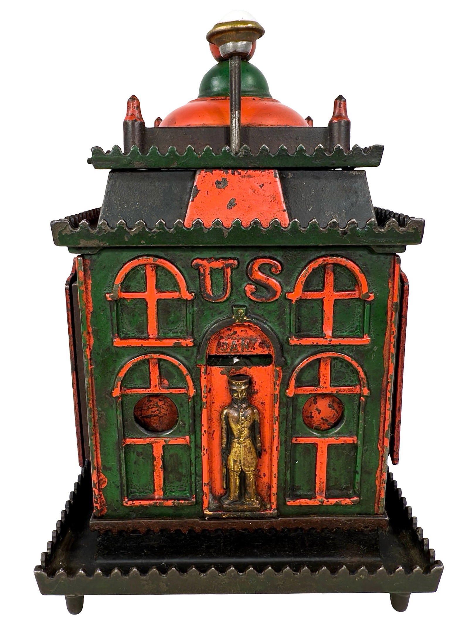 Scarce U. S. - Mechanical Bank: Made by J. & E. Stevens Company. Cromwell, Ct. - Circa Late 1870's. The U. S. Bank is the largest architectural mechanical bank ever made. Its design and color palette, along with the inclusion of the