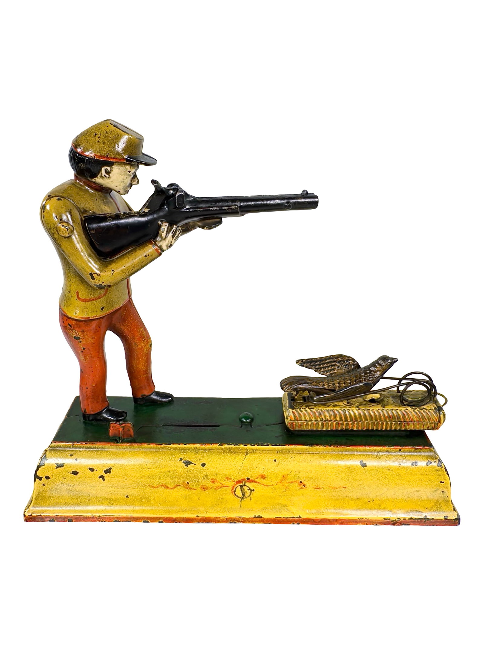 The Fowler - Mechanical Bank: a.k.a. Sportsman Bank. By the J. & E. Stevens Company. Cromwell, Ct. - Circa Mid 1890's. The Fowler Bank is the rarest and perhaps most significant from that subset of banks known as the "shooters". I