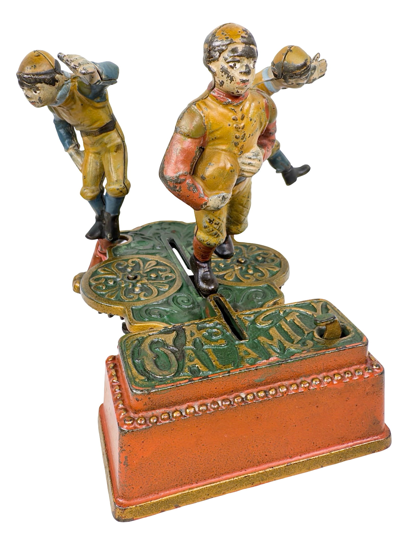 The Calamity - Mechanical Bank: Yale Tackles Harvard. By the J. & E. Stevens Company. Cromwell, Ct. - Ca. Early 1900's. The "Calamity Bank" portrays collegiate football as it was played at the beginning of the 20th century. In this 
