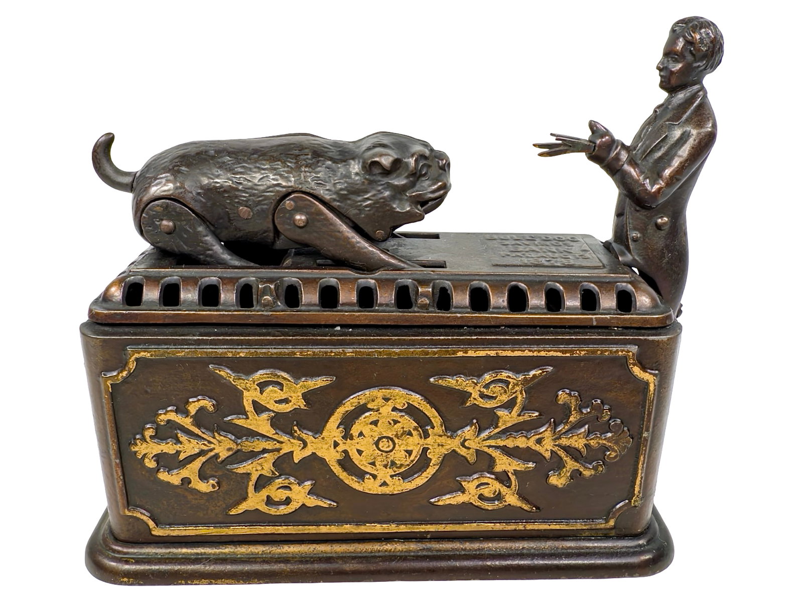 Bull Dog Savings Bank: Designed by Enoch Morrison. Made by Ives, Blakeslee & Co. Bridgeport, Ct. - Late 1870's. Bob and Shirley Peirce Collection. Ives' Bull Dog Savings Bank is arguably one of the most animated and comical
