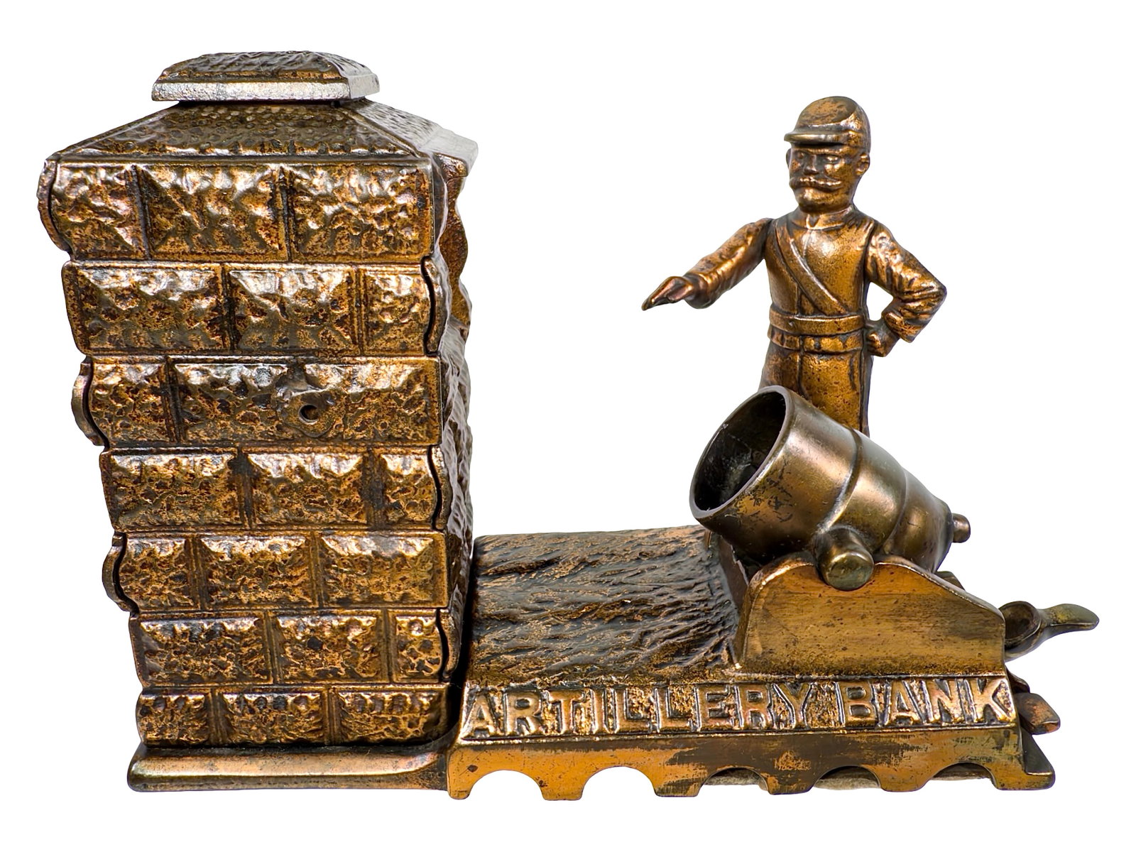 Copper Plated Artillery - Mechanical Bank: Made by Shepard Hardware Company. Buffalo, New York - Circa Mid 1890's. Coins are jettisoned from within the cannon and fly swiftly into the tower. This is a very exceptional specimen of a relatively 