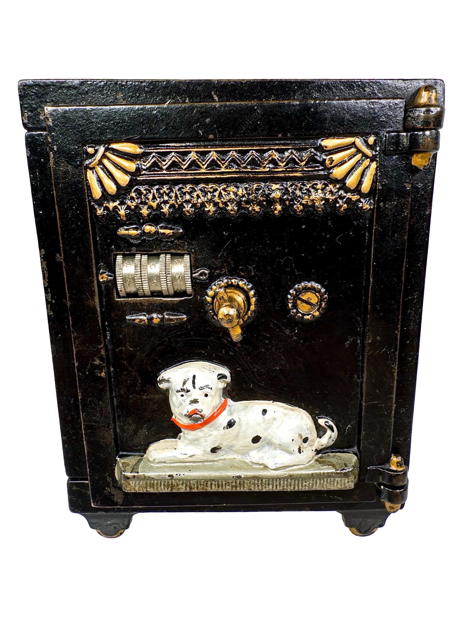 Watch Dog Safe Bank: By the J. & E. Stevens Company. Cromwell, Ct. - Circa Late 1890's. Balance your coin in the slot and pull the lever upwards. The dog's mouth opens and the coin is deposited. A stunning specimen.