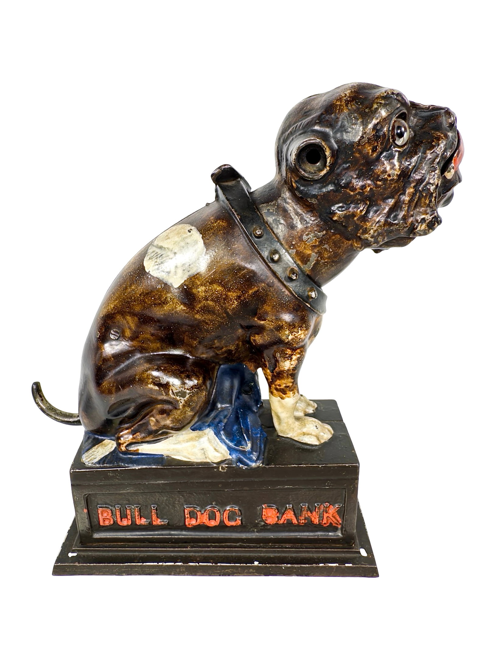 Bull Dog - Coin on Nose - Mechanical Bank: Blue Blanket Variation. By the J. & E. Stevens Company. Cromwell, Ct. - Circa Mid 1880's. This example of the Bull Dog Bank is absolutely sensational quality. In particular, the red lettering and the 
