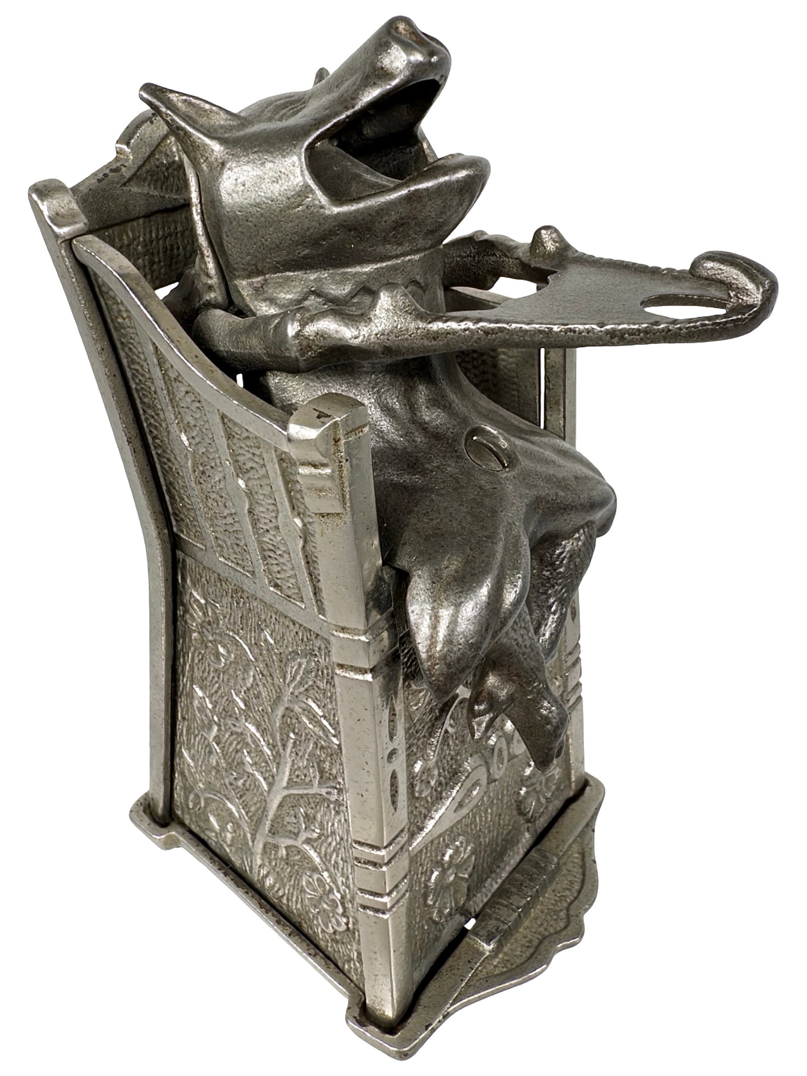 Pig in Highchair - Mechanical Bank: Gleaming Nickel Plated Finish. By the J. & E. Stevens Company. Cromwell, Ct. - Circa Late 1890's.