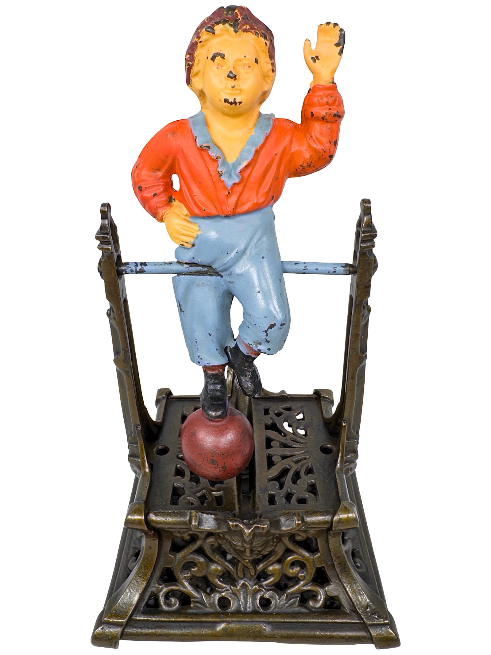 Boy on Trapeze - Mechanical Bank: a.k.a. French's Automatic Bank. Made by the J. Barton Smith Company. Philadelphia, Pa. - Circa Late 1880's. Bob and Shirley Peirce Collection. When adjusted properly, the weight of different size coin