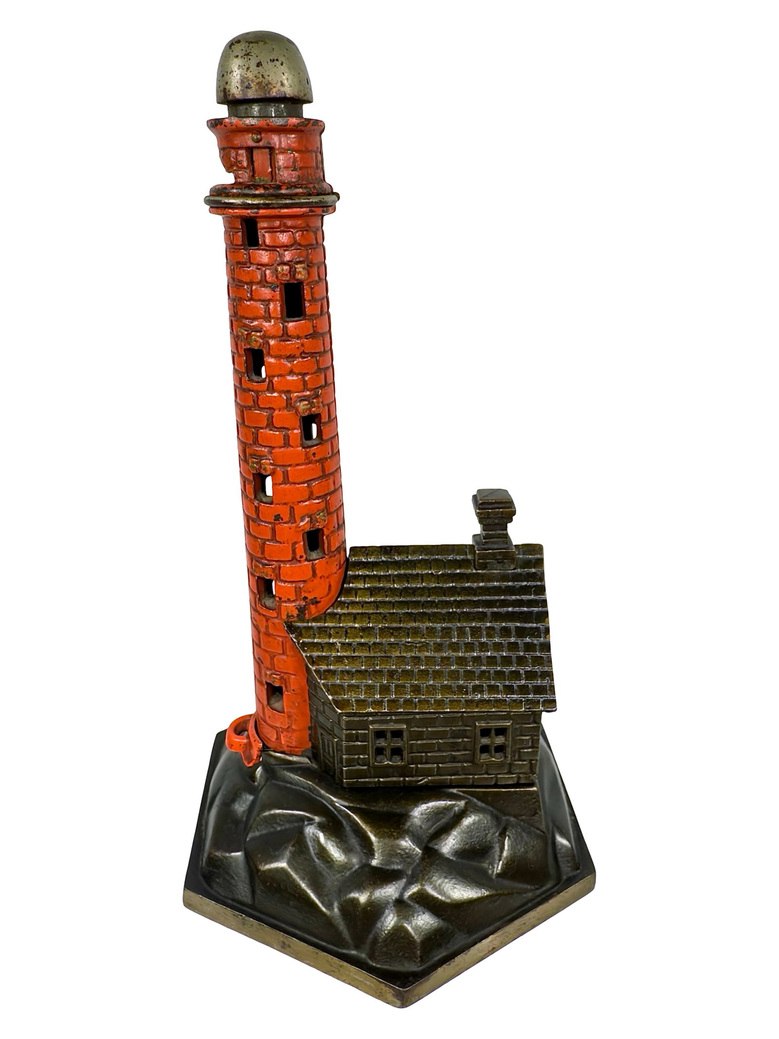 The Lighthouse - Mechanical Bank: Unknown American Maker. Produced Circa Mid 1890's. The Clayton Luther Collection. The Lighthouse Bank gives its operator two options for coin deposit. One choice allows the child to drop his coin thro