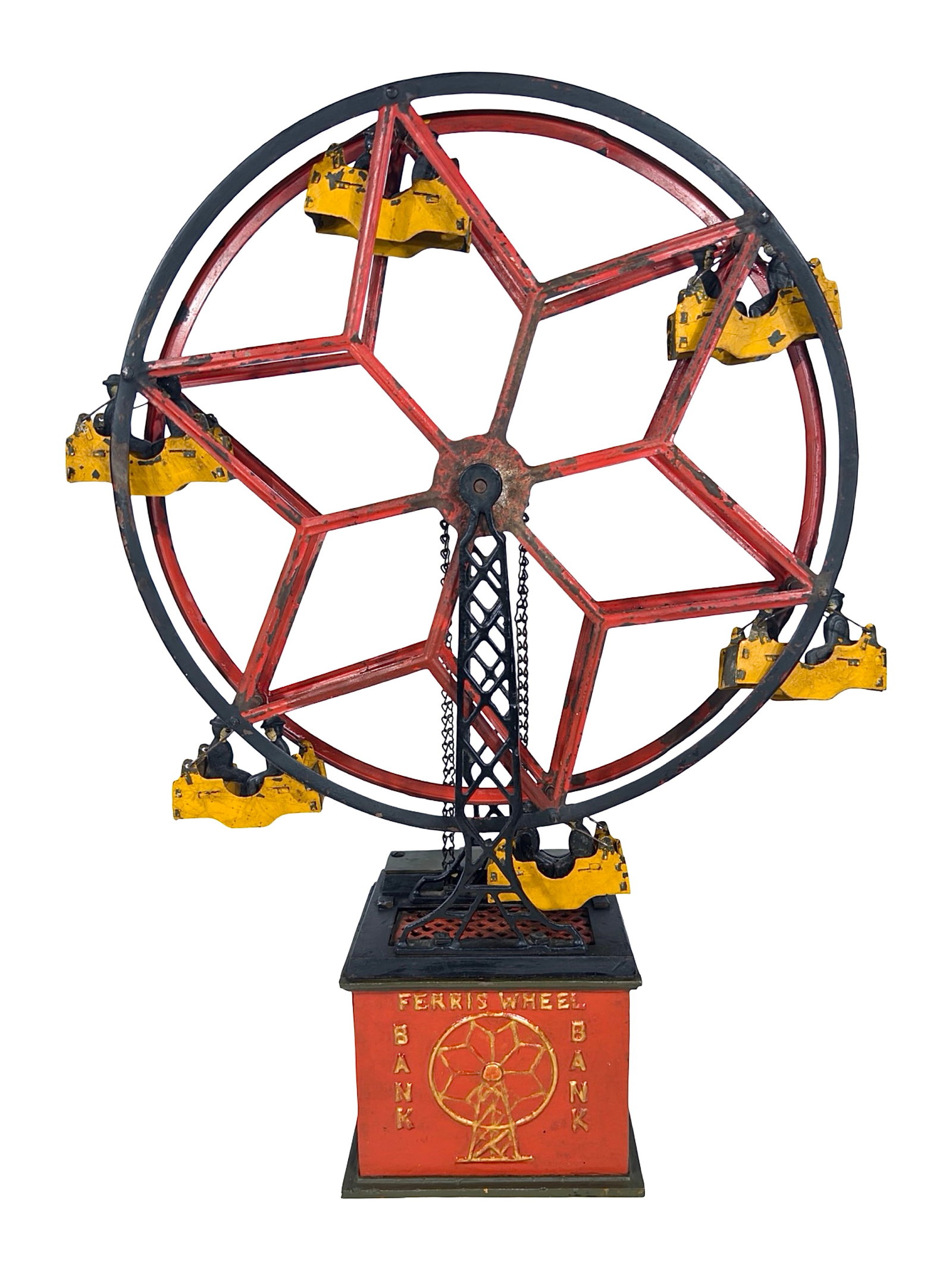 Ferris Wheel - Mechanical Bank: Cast Iron and Sheet Steel. By the Hubley Mfg. Company. Important Toy/Bank Conversion. Lancaster, Pa. - Circa Mid 1930's. Hubley first produced this ferris wheel in toy form only, without the inclusion